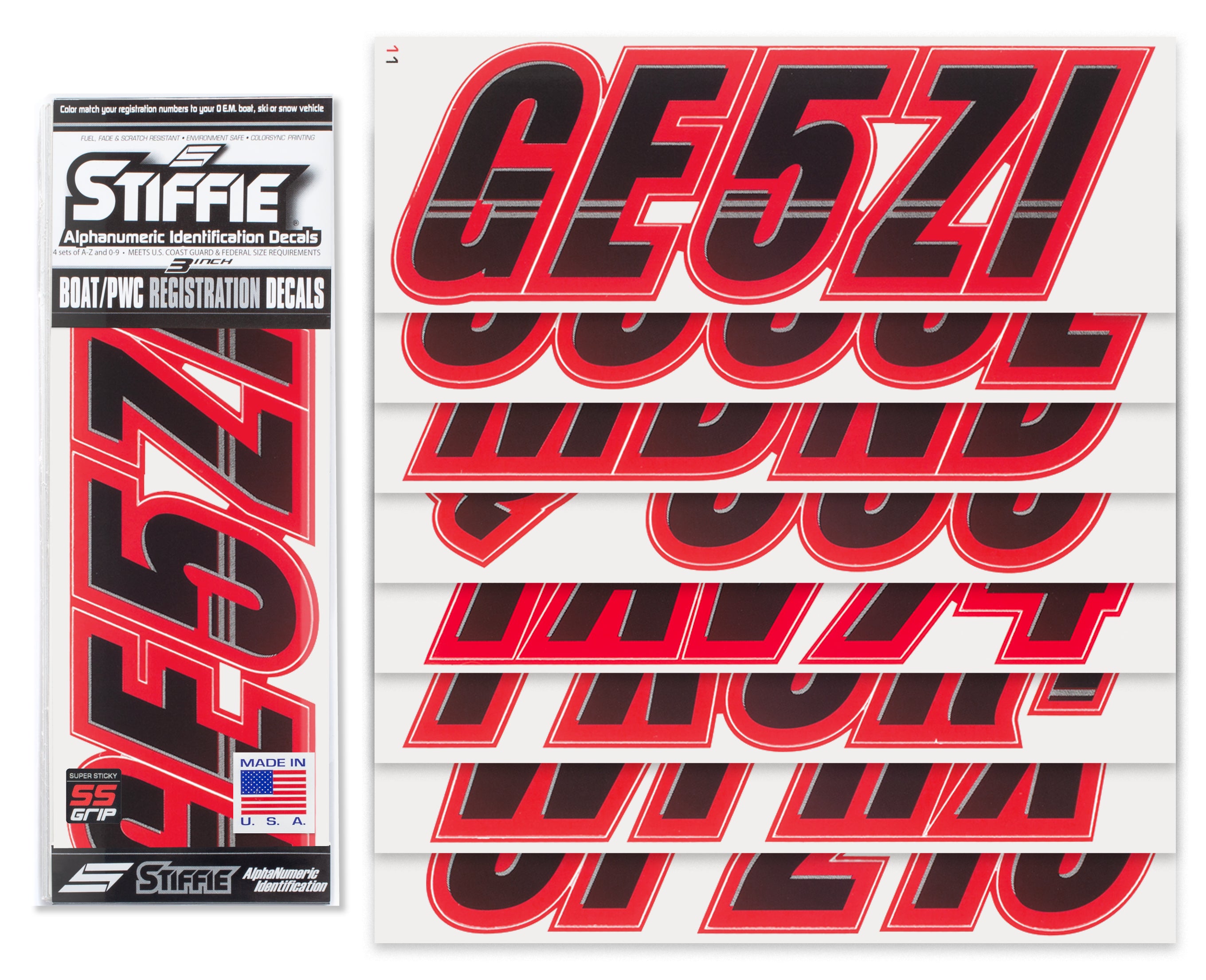 Stiffie Techtron Black/Lava Red Super Sticky 3" Alpha Numeric Registration Identification Numbers Stickers Decals for Sea-Doo Spark, Inflatable Boats, Ribs, Hypalon/PVC, PWC and Boats.