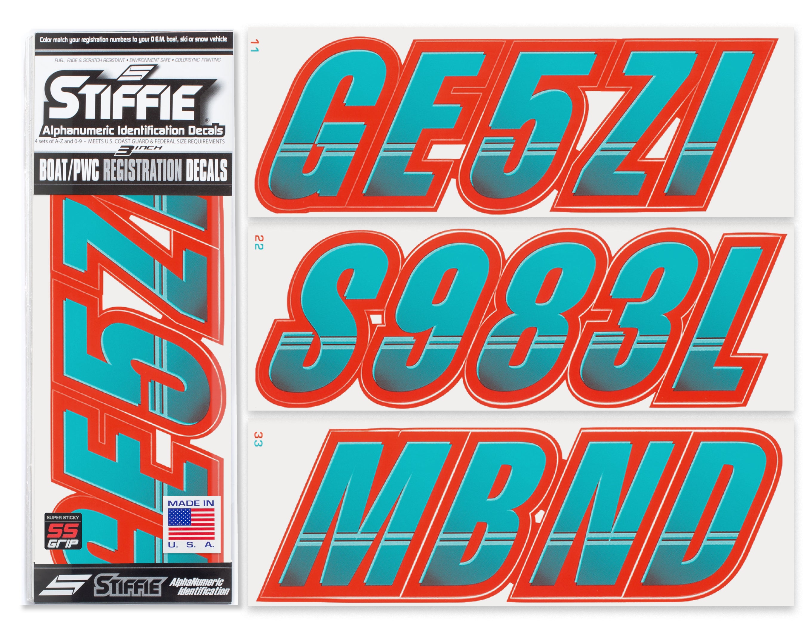 Stiffie Techtron Candy Blue/Lava Red Super Sticky 3" Alpha Numeric Registration Identification Numbers Stickers Decals for Sea-Doo Spark, Inflatable Boats, Ribs, Hypalon/PVC, PWC and Boats.