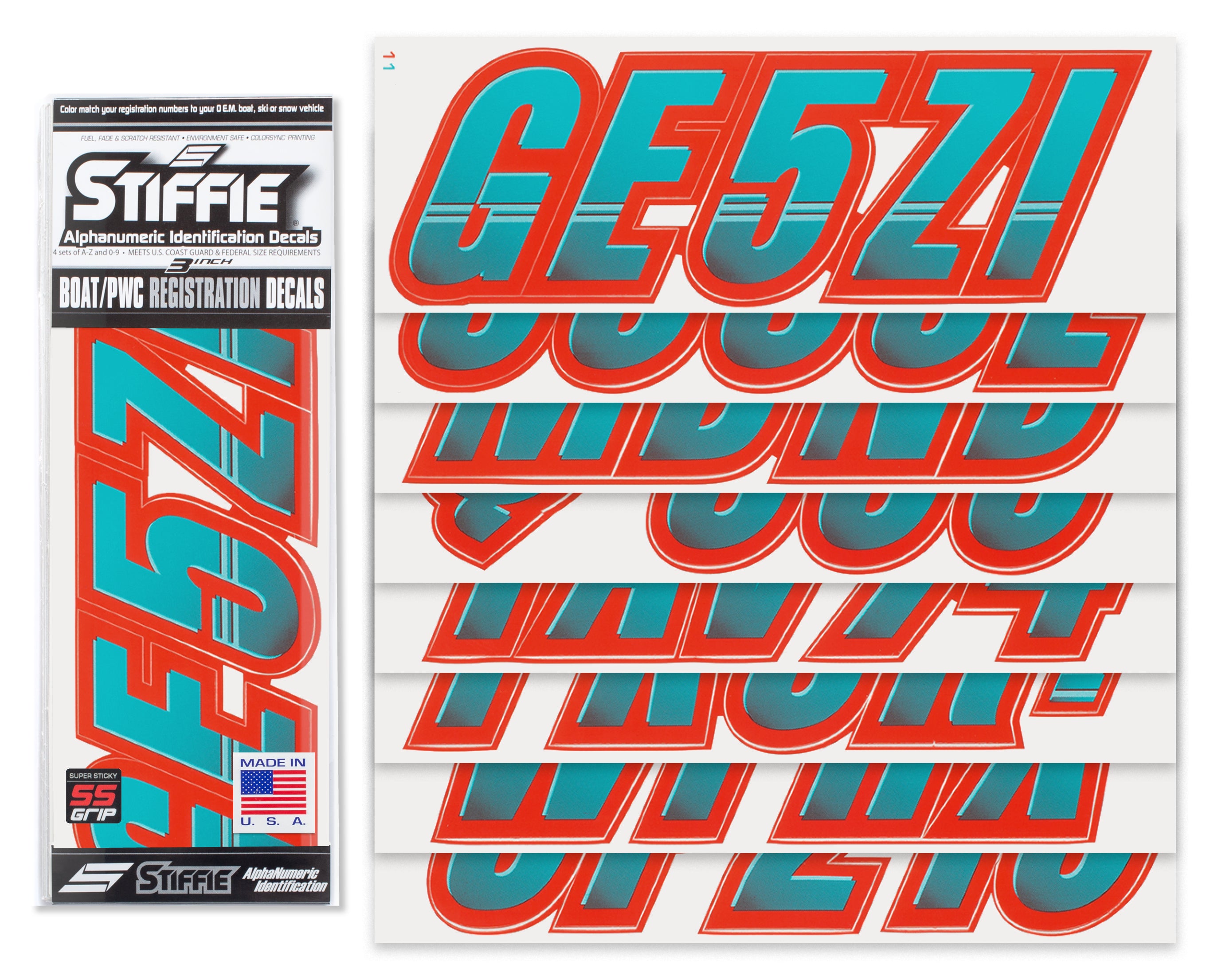 Stiffie Techtron Candy Blue/Lava Red Super Sticky 3" Alpha Numeric Registration Identification Numbers Stickers Decals for Sea-Doo Spark, Inflatable Boats, Ribs, Hypalon/PVC, PWC and Boats.