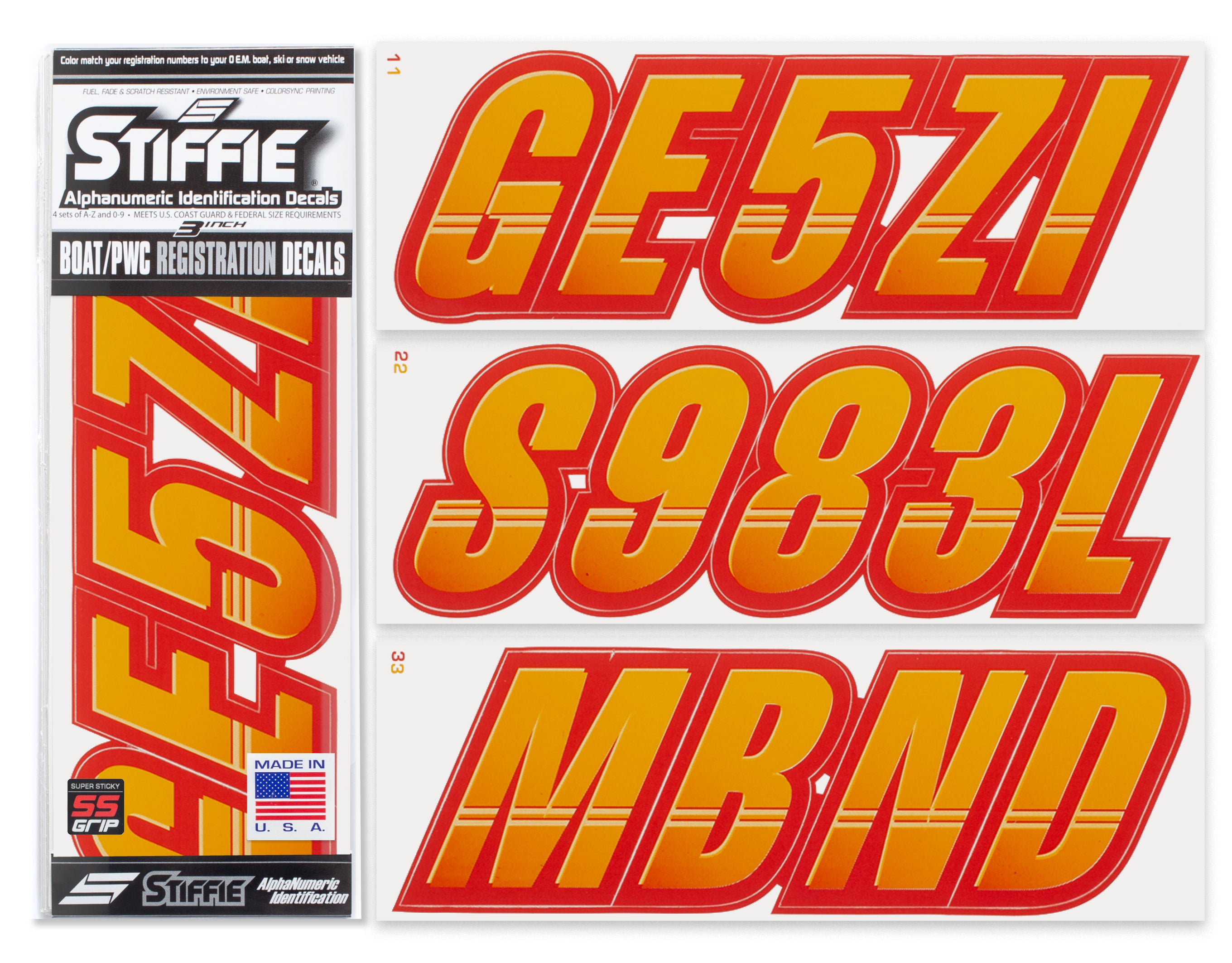 Stiffie Techtron Orange Crush/Red Super Sticky 3" Alpha Numeric Registration Identification Numbers Stickers Decals for Sea-Doo Spark, Inflatable Boats, Ribs, Hypalon/PVC, PWC and Boats.