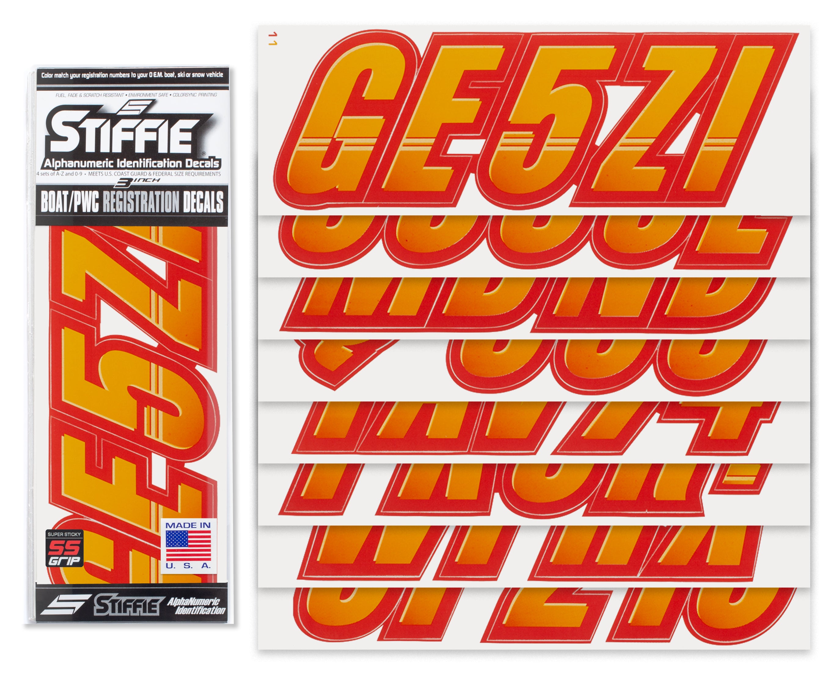 Stiffie Techtron Orange Crush/Red Super Sticky 3" Alpha Numeric Registration Identification Numbers Stickers Decals for Sea-Doo Spark, Inflatable Boats, Ribs, Hypalon/PVC, PWC and Boats.