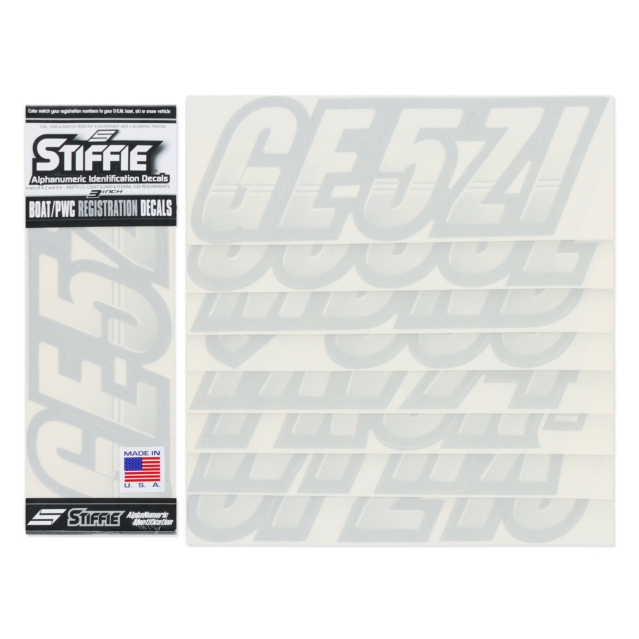 Stiffie Techtron Transparent Clear/Silver 3" Alpha-Numeric Registration Identification Numbers Stickers Decals for Boats & Personal Watercraft