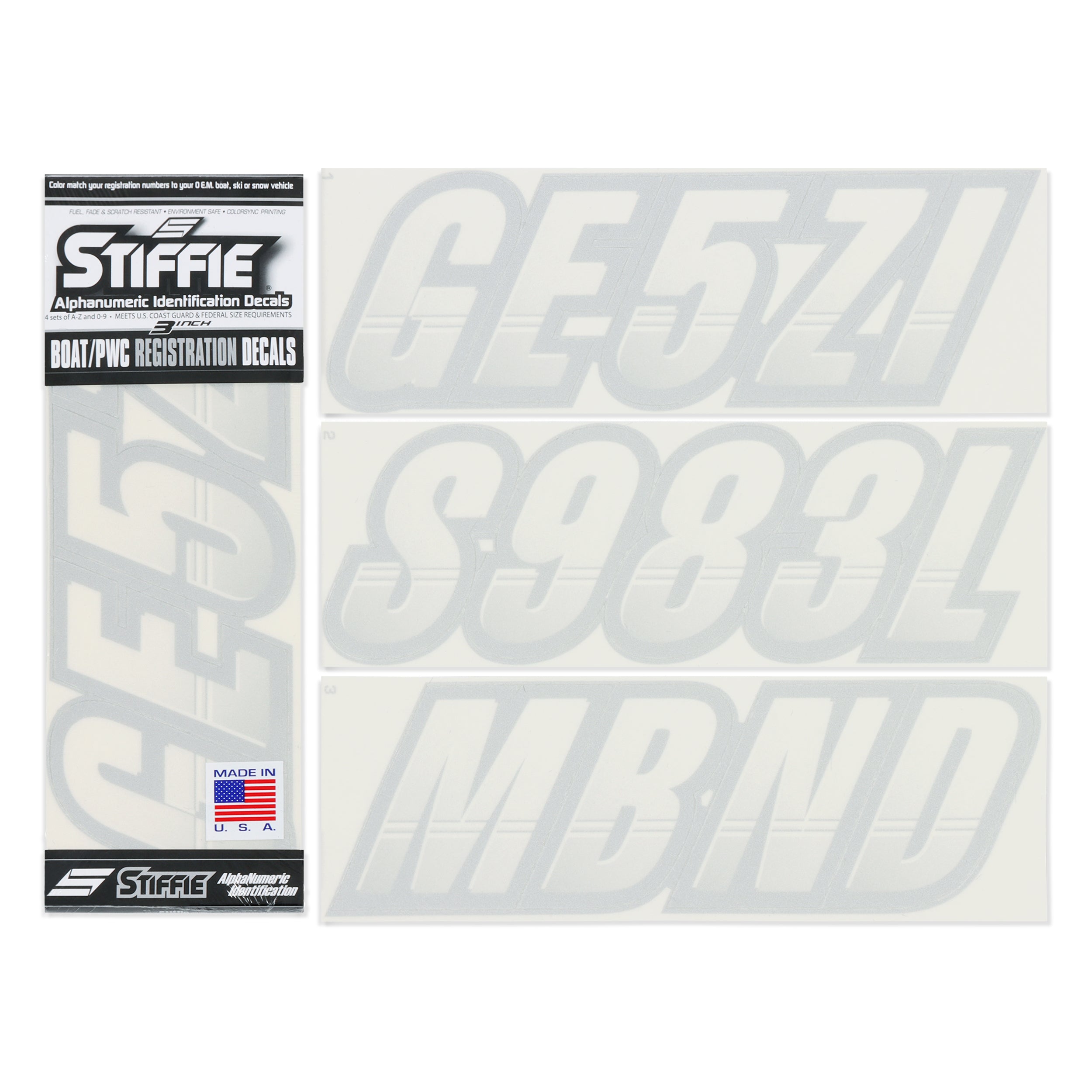 Stiffie Techtron Transparent Clear/Silver 3" Alpha-Numeric Registration Identification Numbers Stickers Decals for Boats & Personal Watercraft