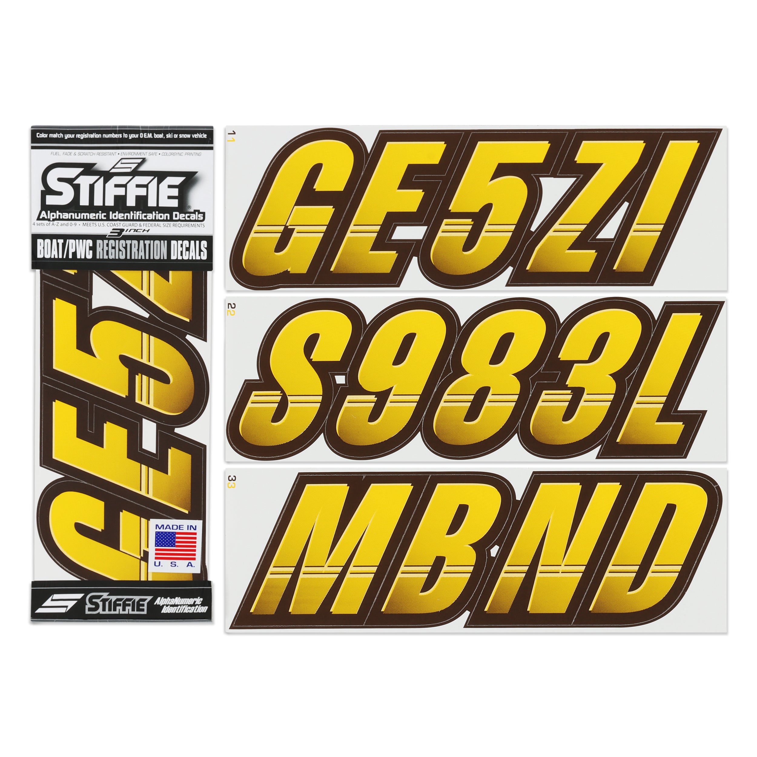 Stiffie Techtron Yellow/Brown 3" Alpha-Numeric Registration Identification Numbers Stickers Decals for Boats & Personal Watercraft