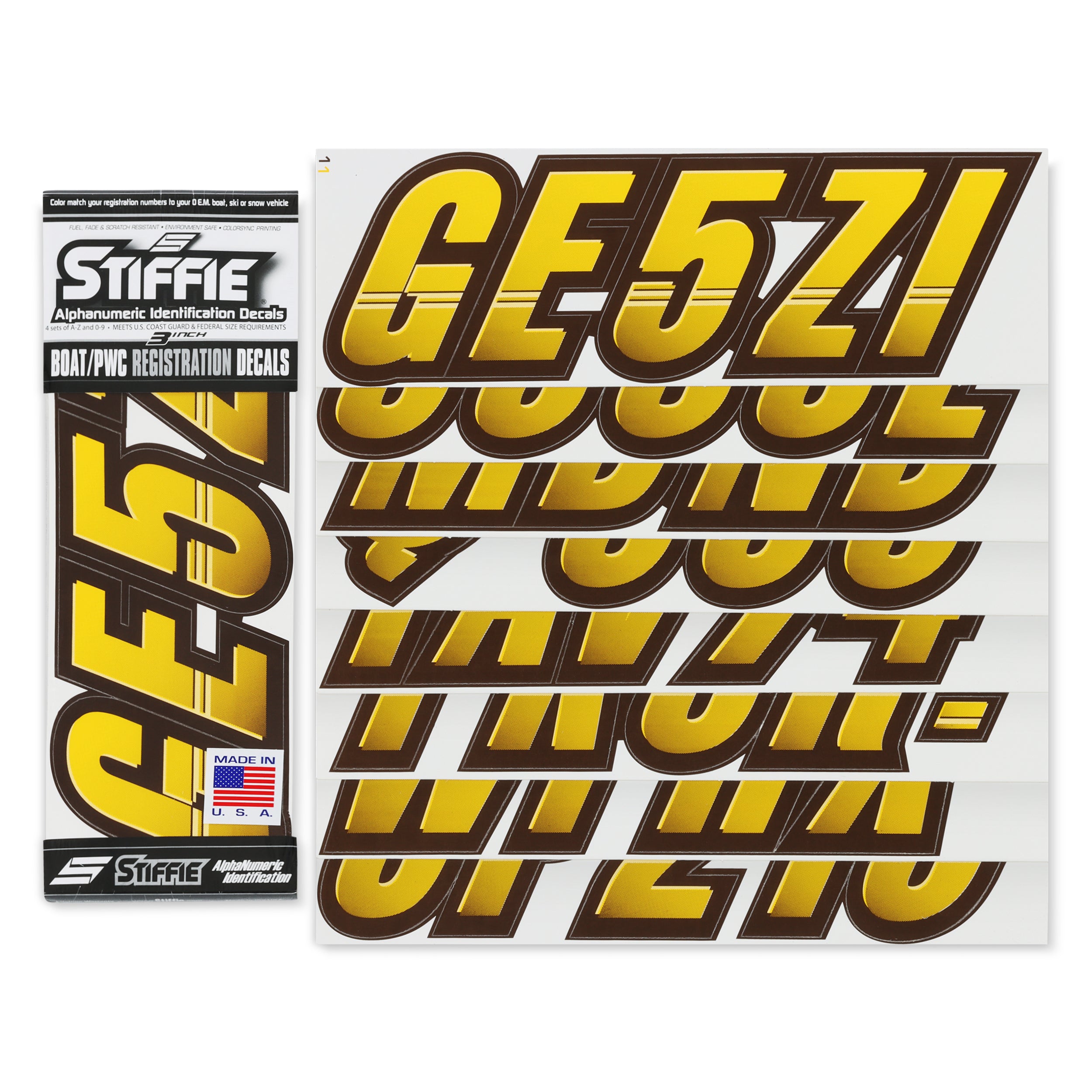 Stiffie Techtron Yellow/Brown 3" Alpha-Numeric Registration Identification Numbers Stickers Decals for Boats & Personal Watercraft