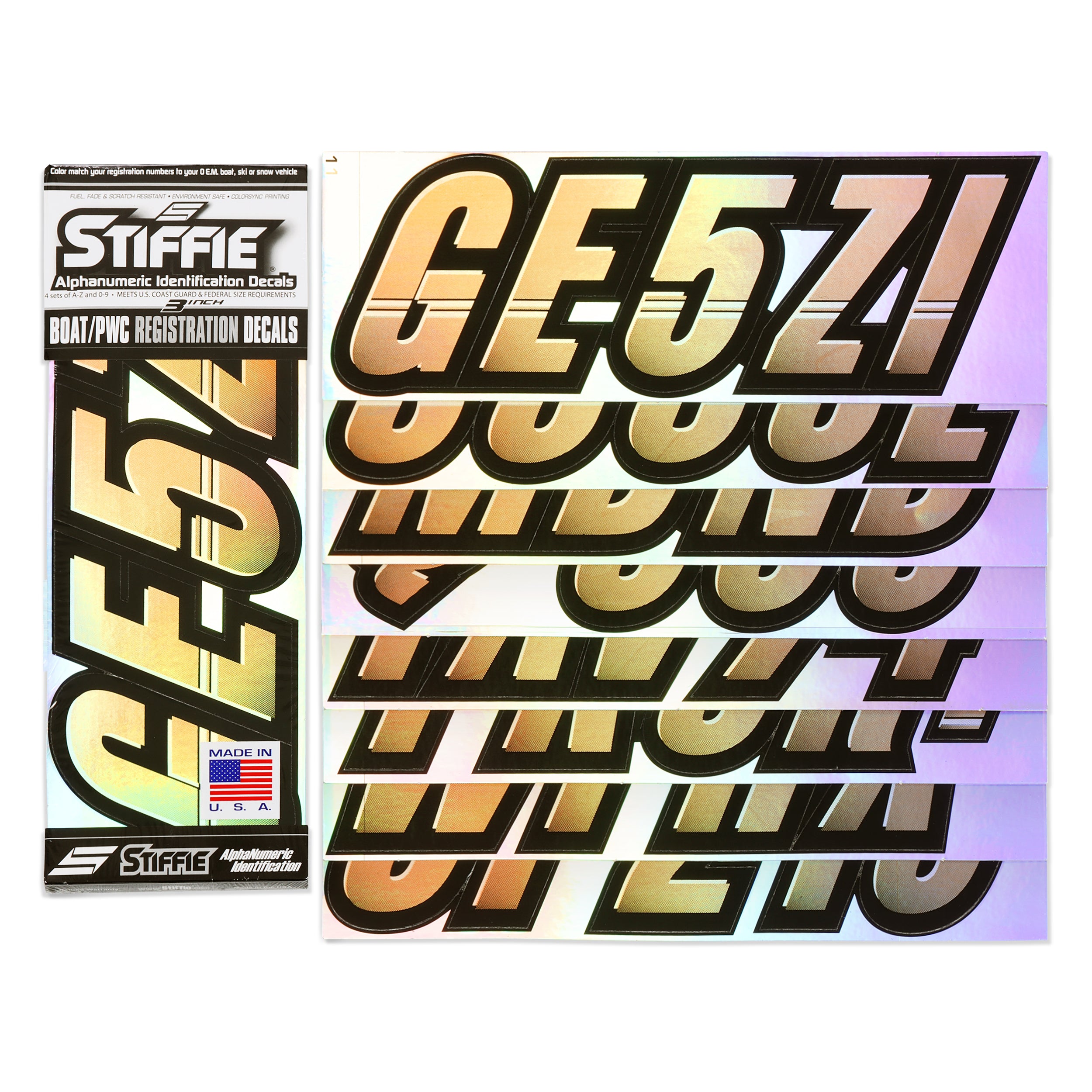 Stiffie Techtron Reflective Gold/Black 3" Alpha-Numeric Registration Identification Numbers Stickers Decals for Boats & Personal Watercraft