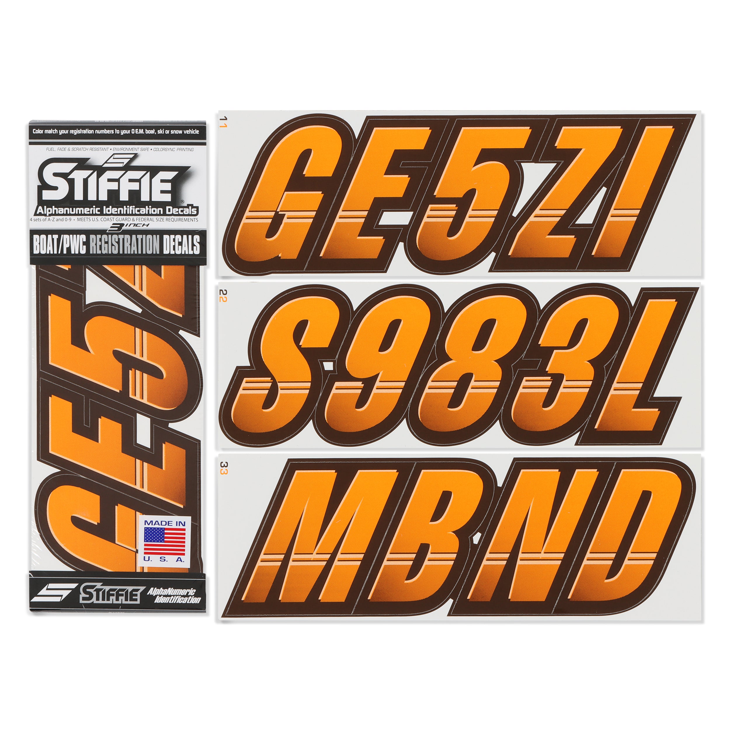 Stiffie Techtron Orange/Brown 3" Alpha-Numeric Registration Identification Numbers Stickers Decals for Boats & Personal Watercraft