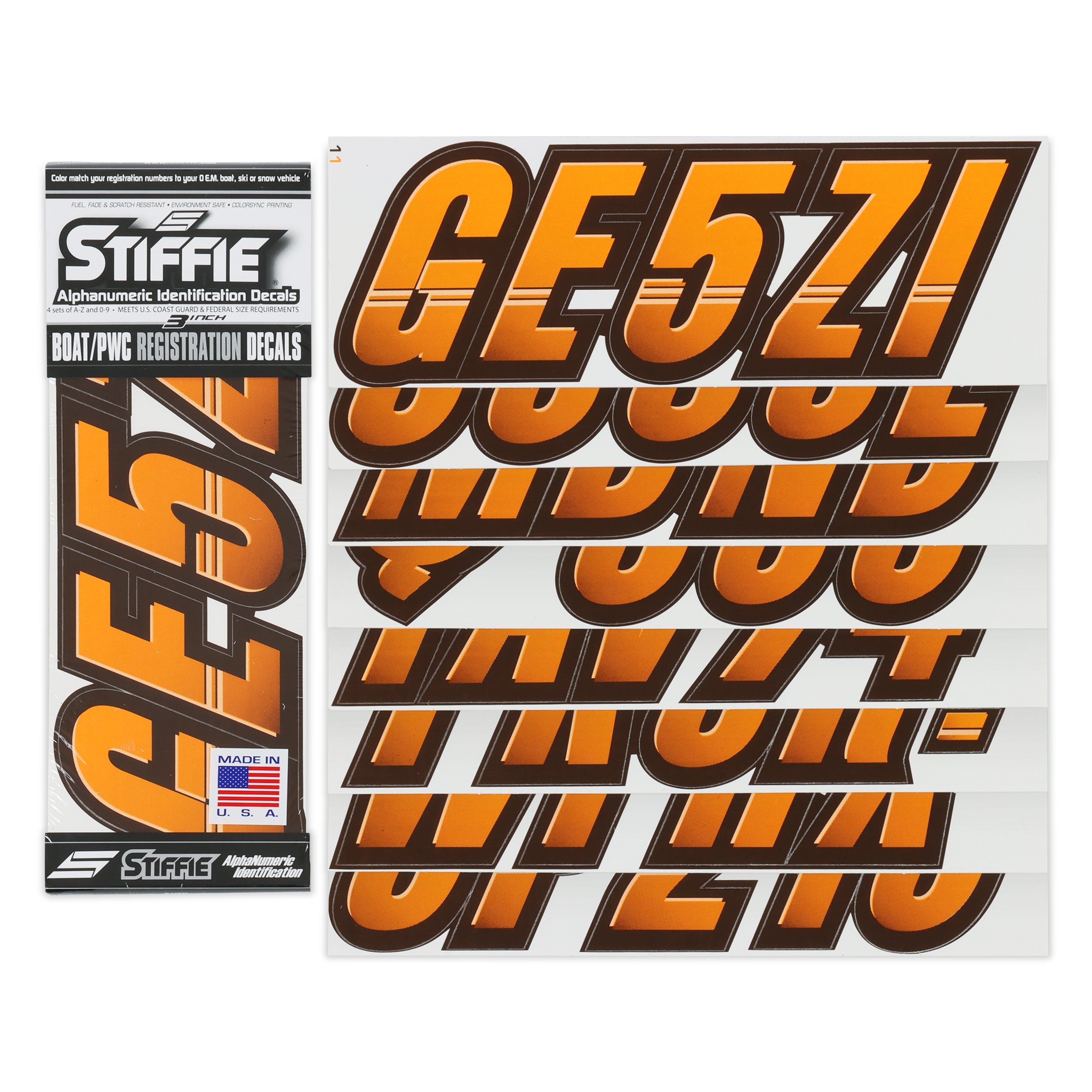 Stiffie Techtron Gold Rush / Black 3" Alpha-Numeric Registration Identification Numbers Stickers Decals for Boats & Personal Watercraft