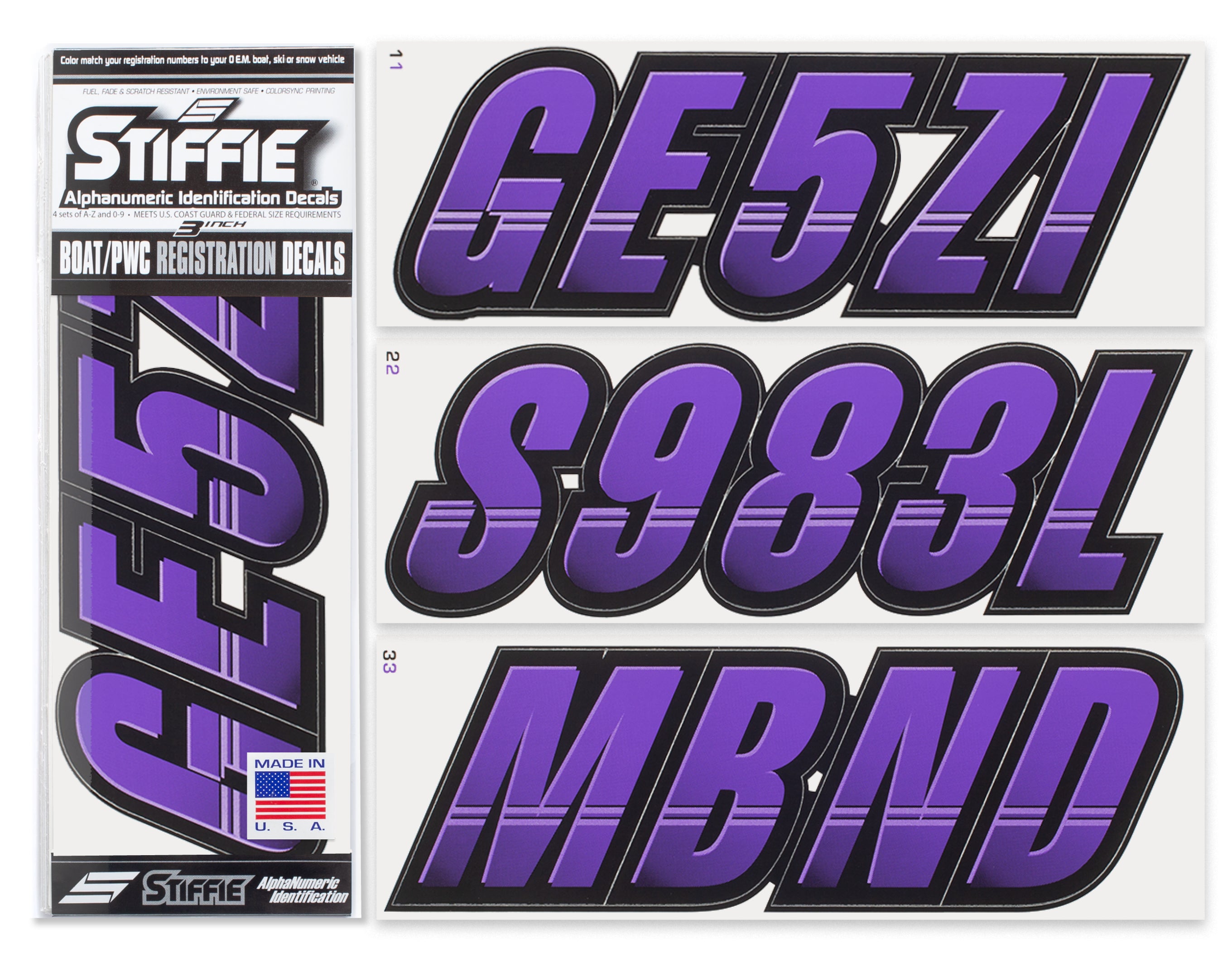 Stiffie Techtron Purple/Black 3" Alpha-Numeric Registration Identification Numbers Stickers Decals for Boats & Personal Watercraft