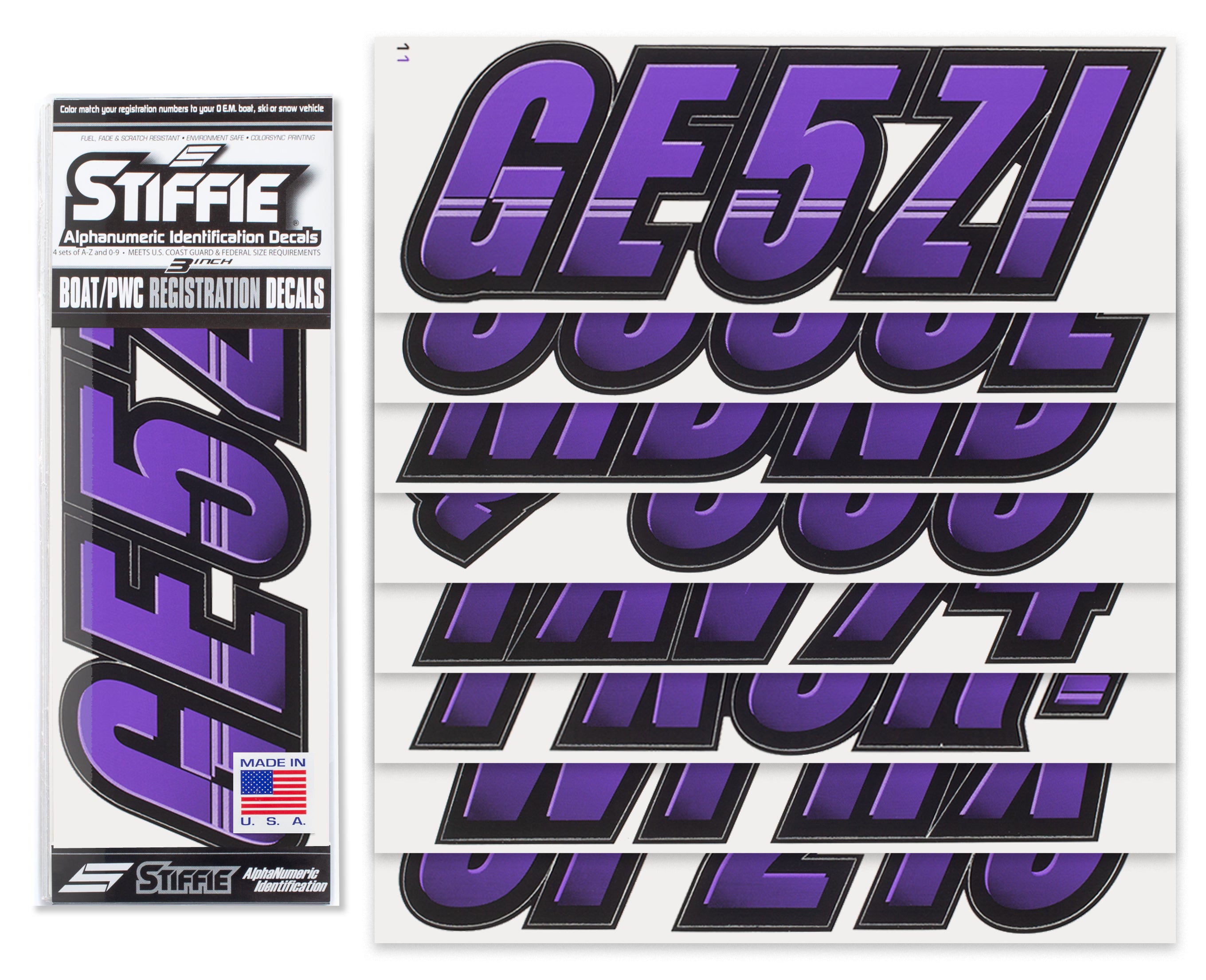Stiffie Techtron Purple/Black 3" Alpha-Numeric Registration Identification Numbers Stickers Decals for Boats & Personal Watercraft