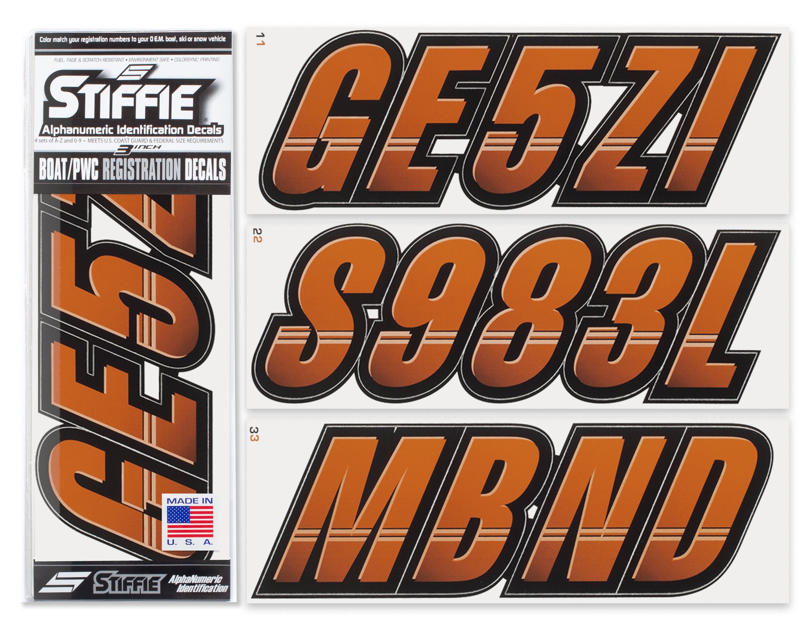 Stiffie Techtron Rust/Black 3" Alpha-Numeric Registration Identification Numbers Stickers Decals for Boats & Personal Watercraft