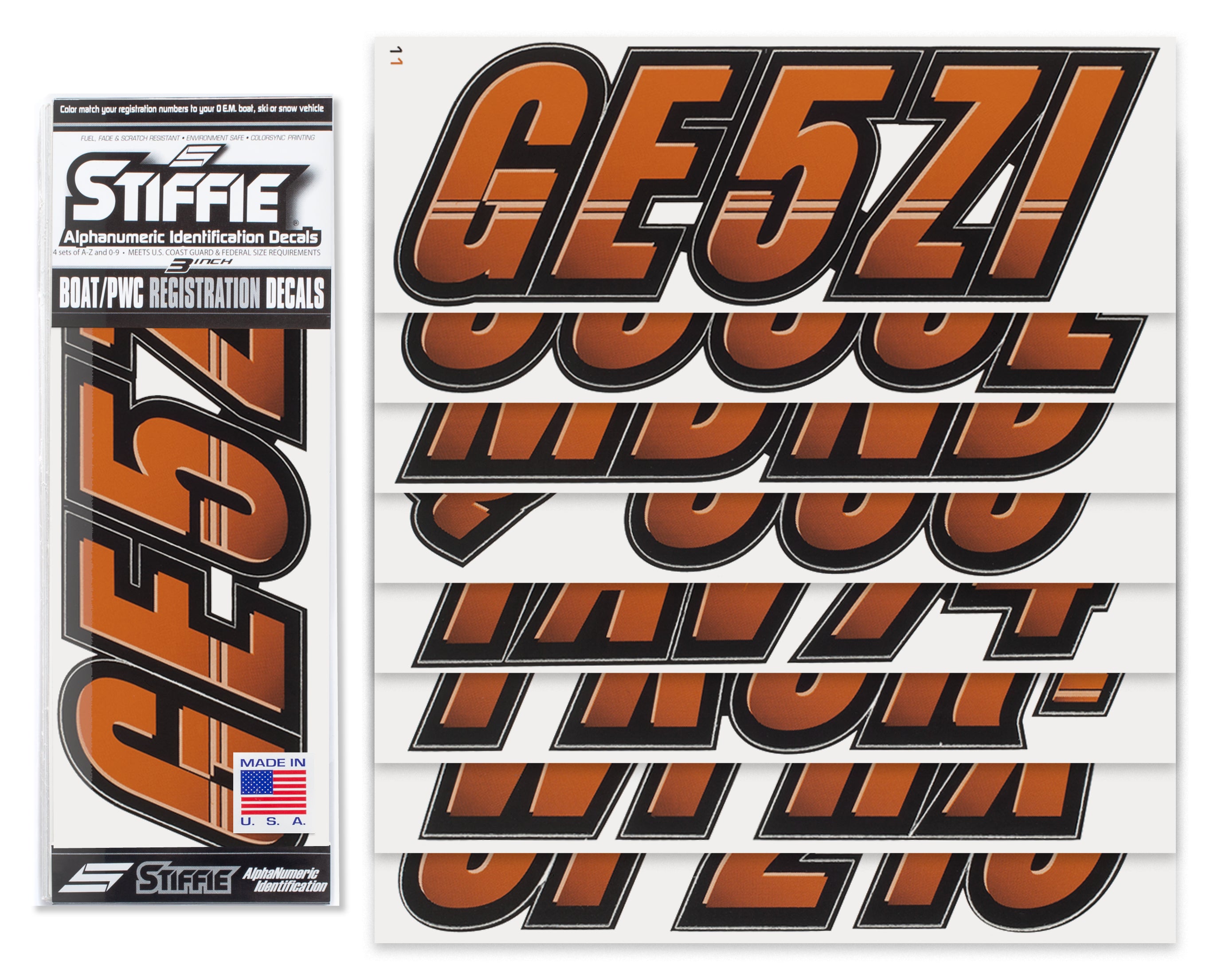 Stiffie Techtron Rust/Black 3" Alpha-Numeric Registration Identification Numbers Stickers Decals for Boats & Personal Watercraft