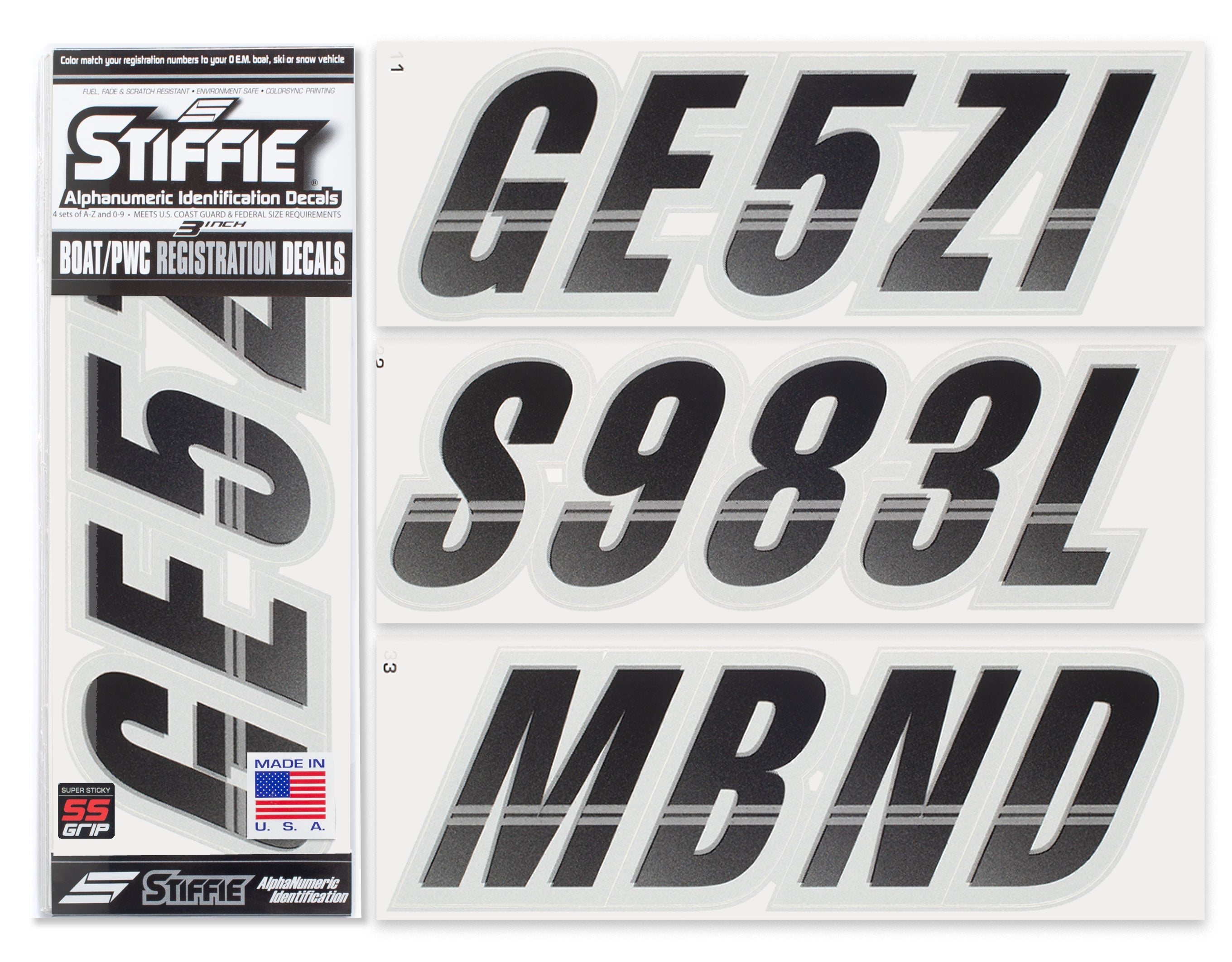 Techtron Black/Silver Super Sticky 3" Alpha Numeric Registration Identification Numbers Stickers Decals for Sea-Doo Spark, Inflatable Boats, Ribs, Hypalon/PVC, PWC and Boats.