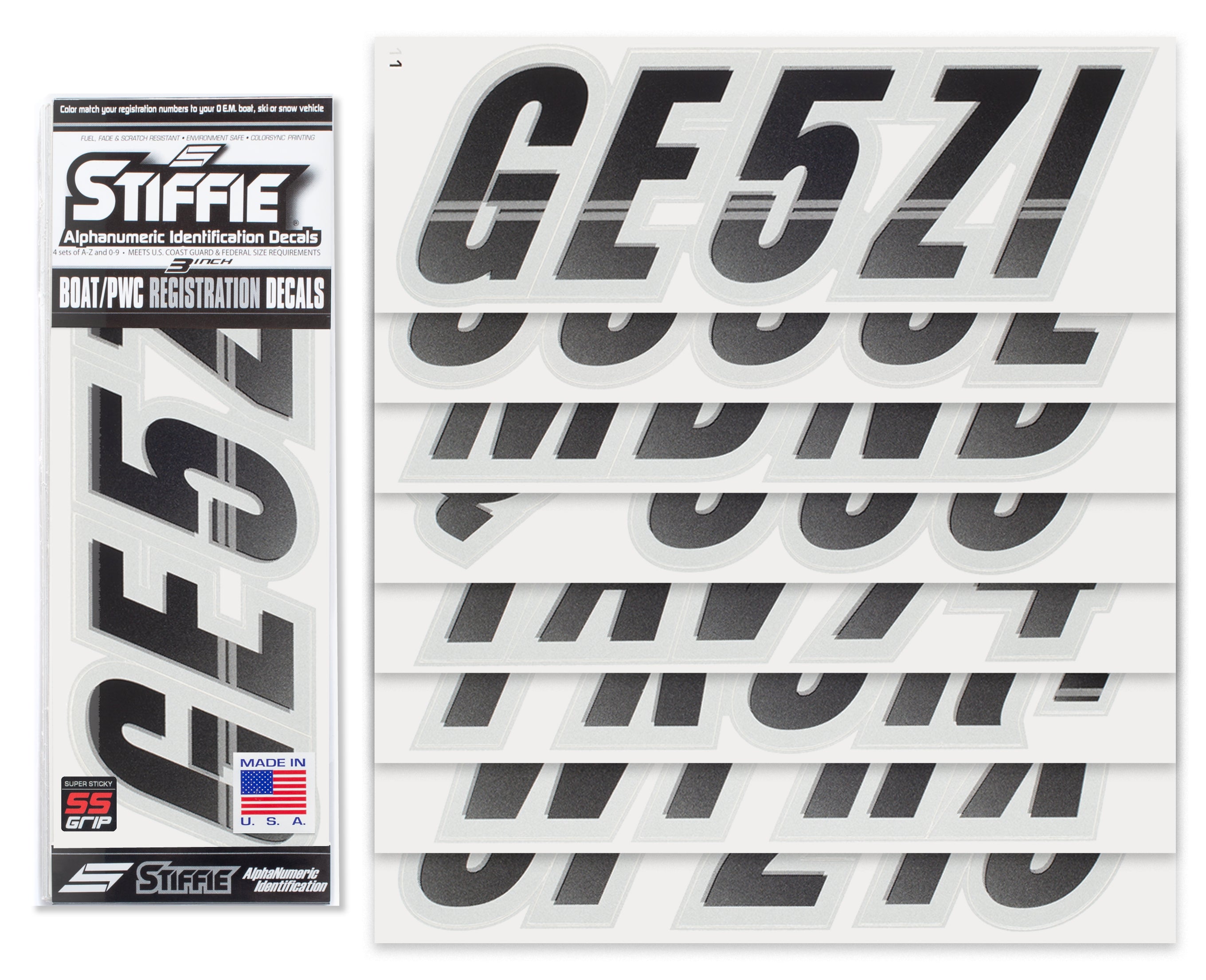 Techtron Black/Silver Super Sticky 3" Alpha Numeric Registration Identification Numbers Stickers Decals for Sea-Doo Spark, Inflatable Boats, Ribs, Hypalon/PVC, PWC and Boats.