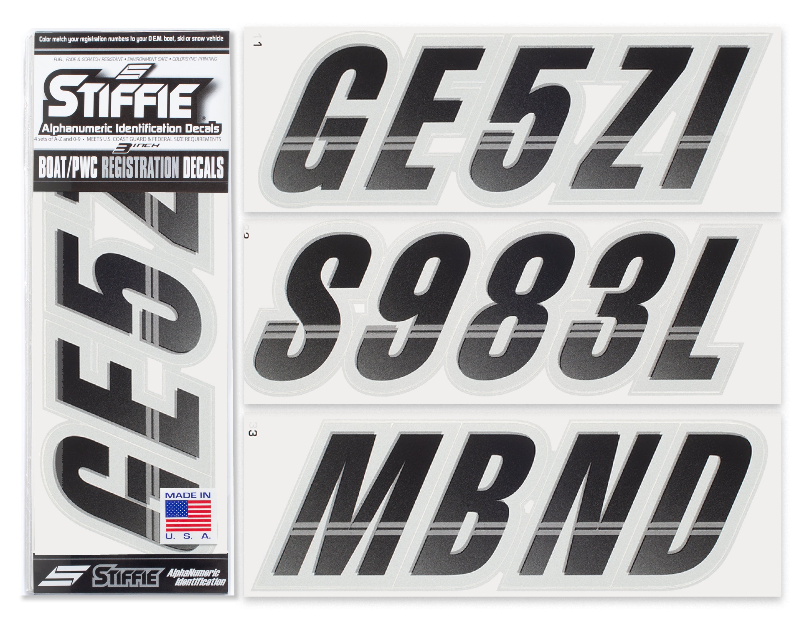 STIFFIE Techtron Black/Silver 3" Alpha-Numeric Registration Identification Numbers Stickers Decals for Boats & Personal Watercraft