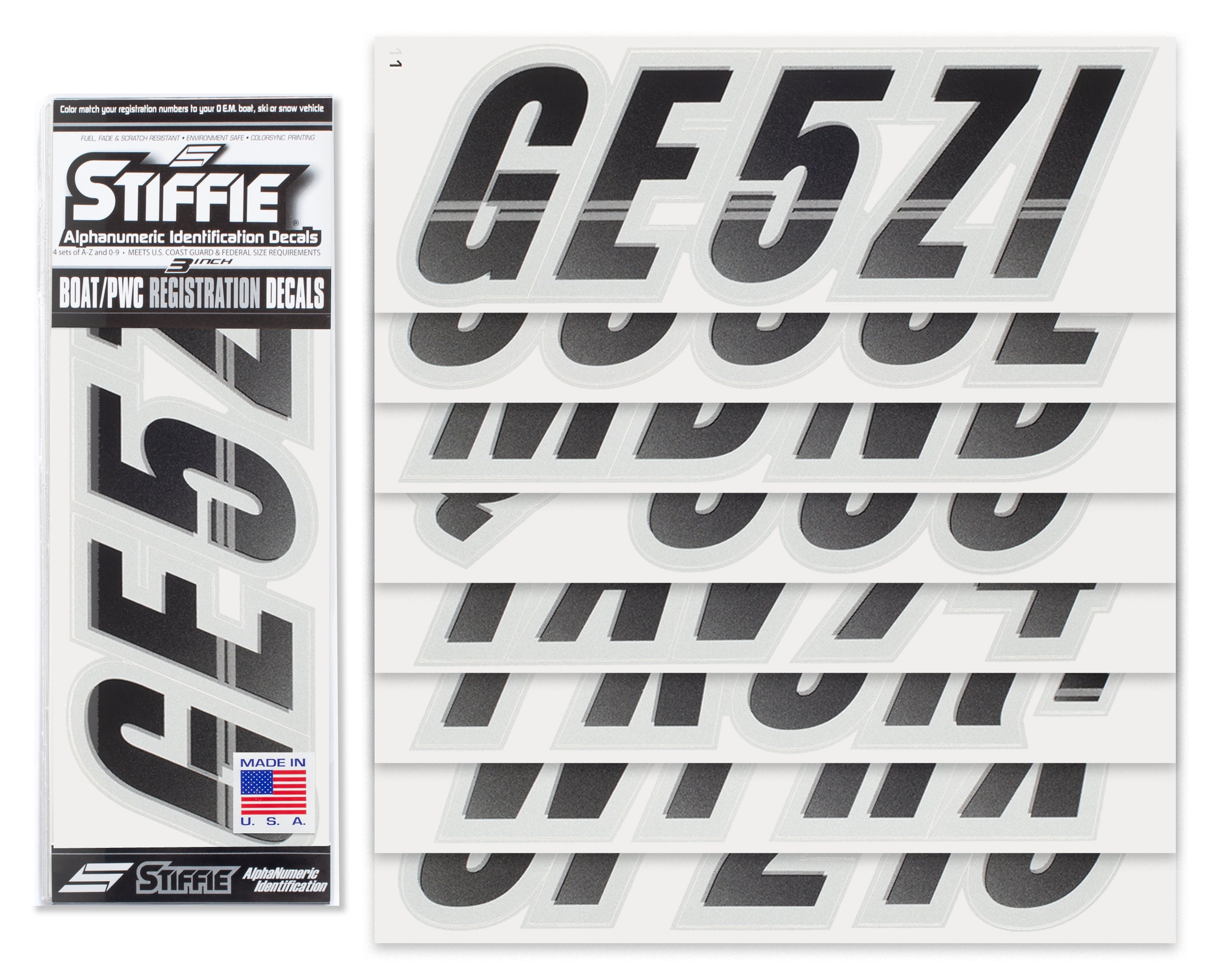 STIFFIE Techtron Black/Silver 3" Alpha-Numeric Registration Identification Numbers Stickers Decals for Boats & Personal Watercraft