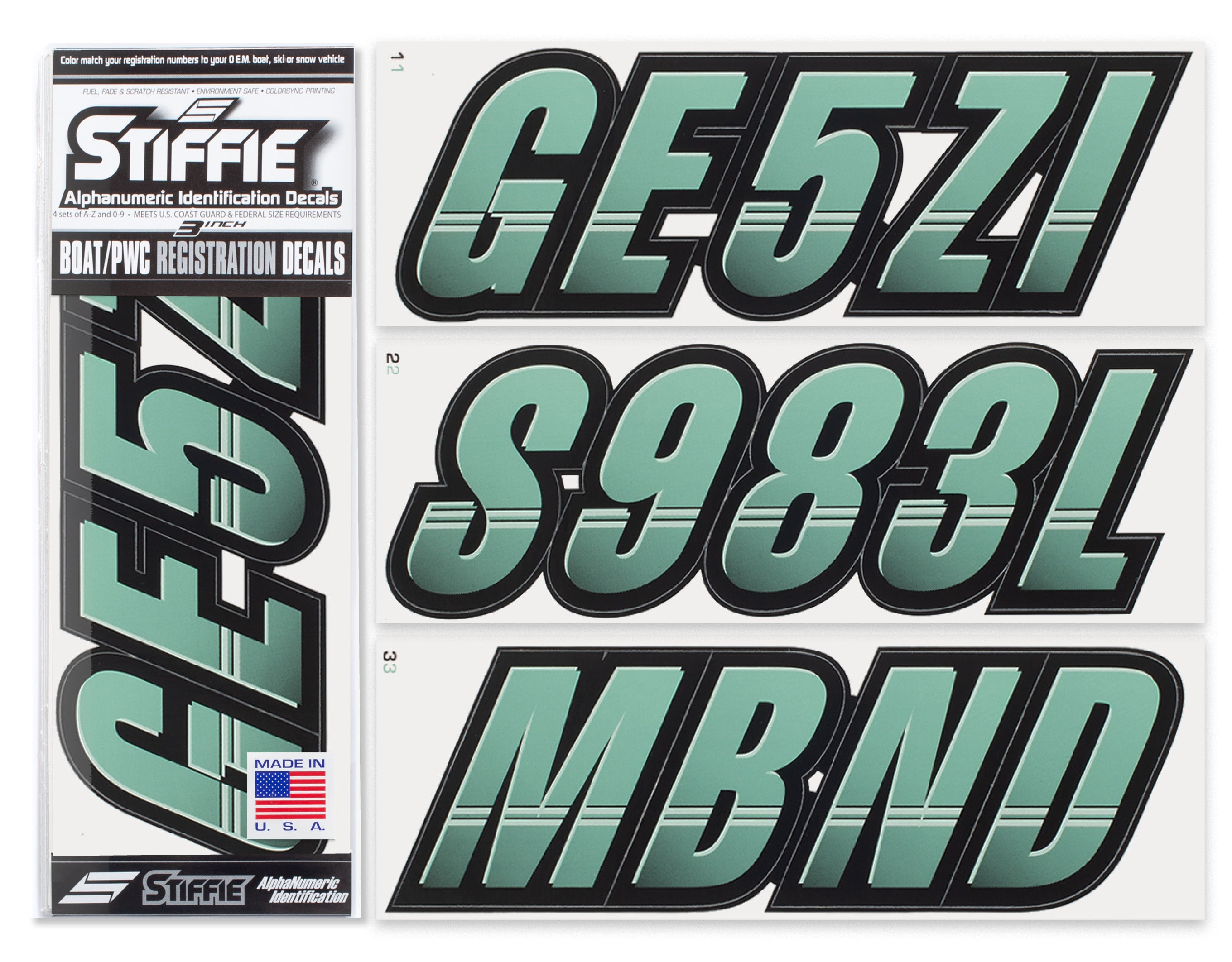 Stiffie Techtron Cozumel/Black 3" Alpha-Numeric Registration Identification Numbers Stickers Decals for Boats & Personal Watercraft