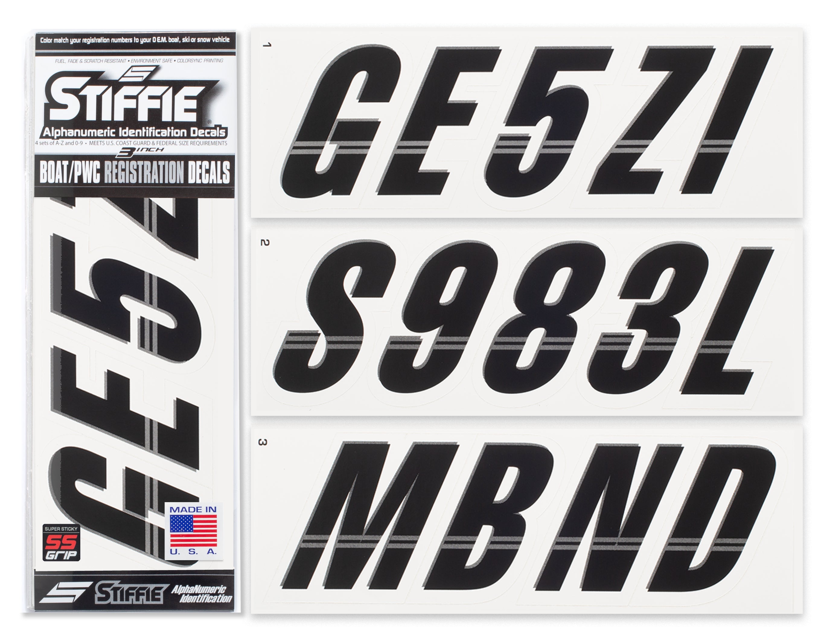 Techtron Black/White Super Sticky 3" Alpha Numeric Registration Identification Numbers Stickers Decals for Sea-Doo Spark, Inflatable Boats, Ribs, Hypalon/PVC, PWC and Boats.