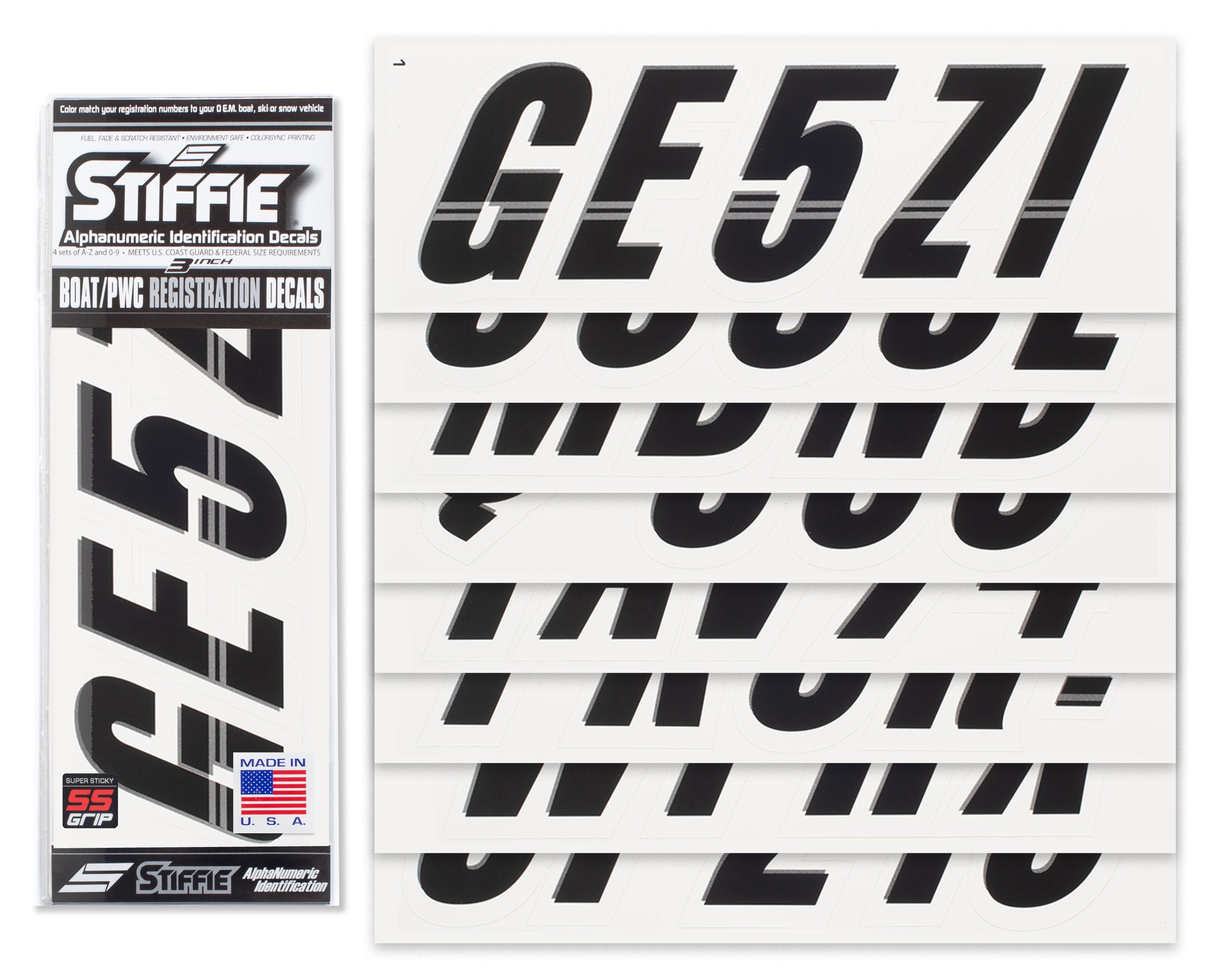 Techtron Black/White Super Sticky 3" Alpha Numeric Registration Identification Numbers Stickers Decals for Sea-Doo Spark, Inflatable Boats, Ribs, Hypalon/PVC, PWC and Boats.