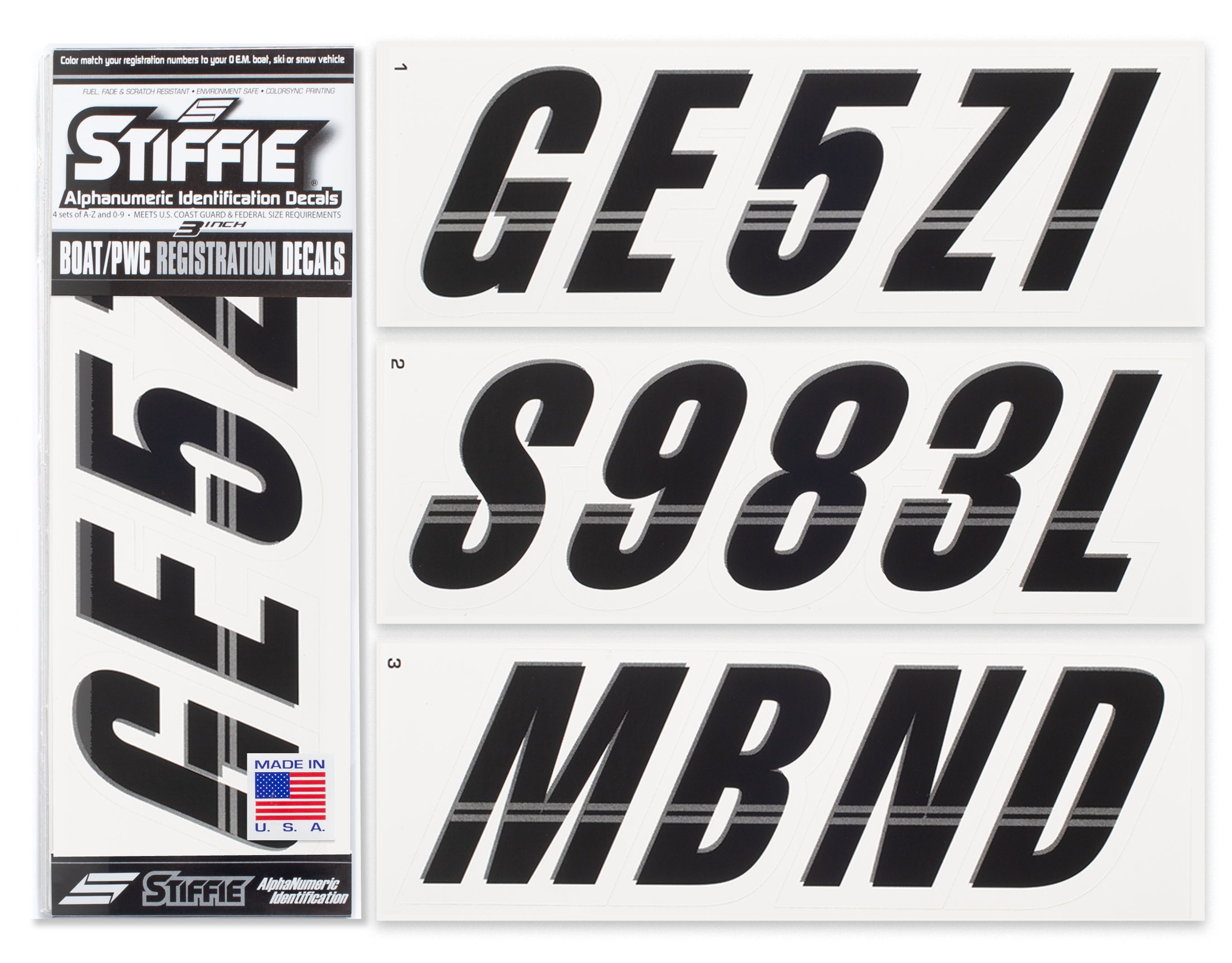 STIFFIE Techtron Black/White 3" Alpha-Numeric Registration Identification Numbers Stickers Decals for Boats & Personal Watercraft