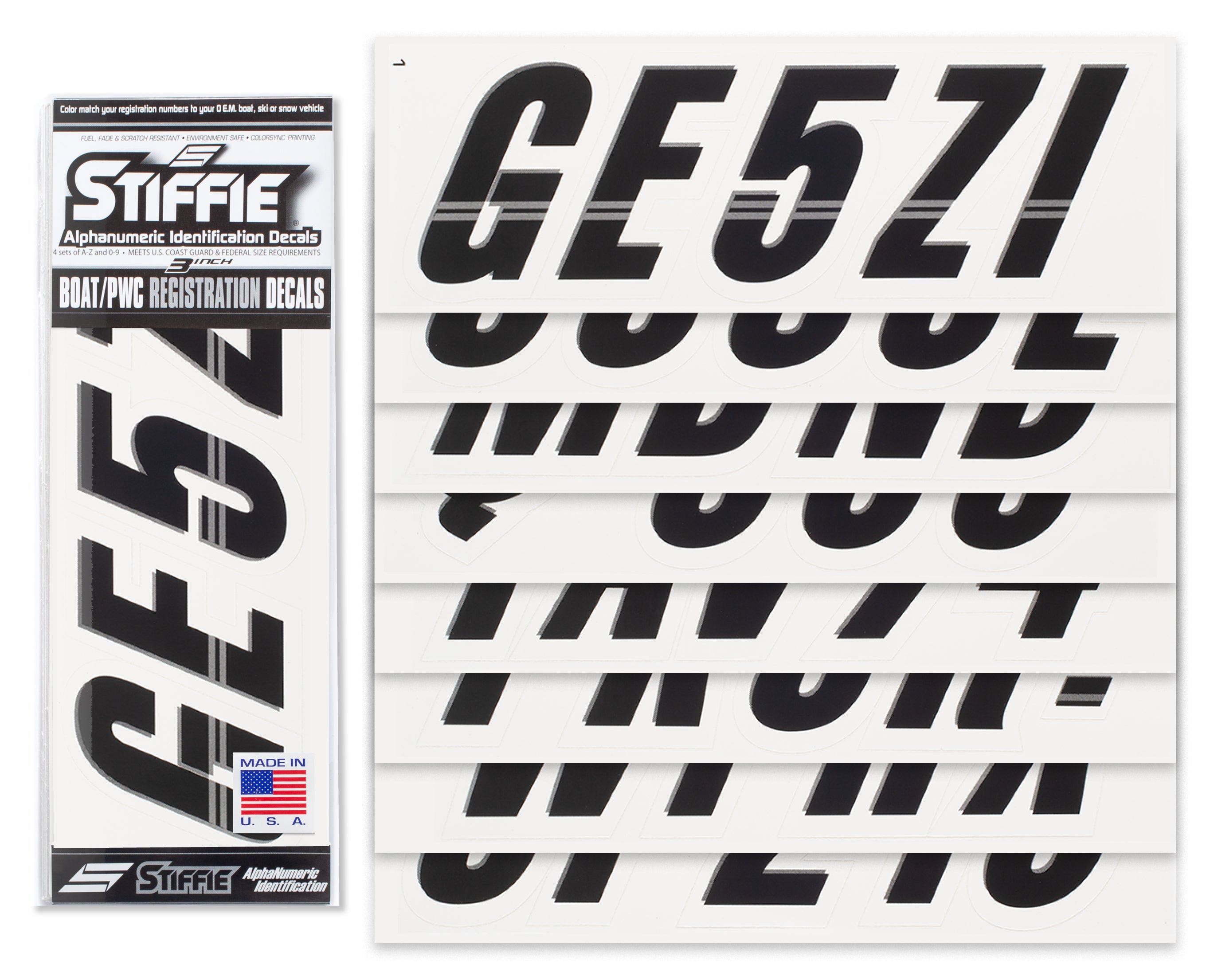 STIFFIE Techtron Black/White 3" Alpha-Numeric Registration Identification Numbers Stickers Decals for Boats & Personal Watercraft