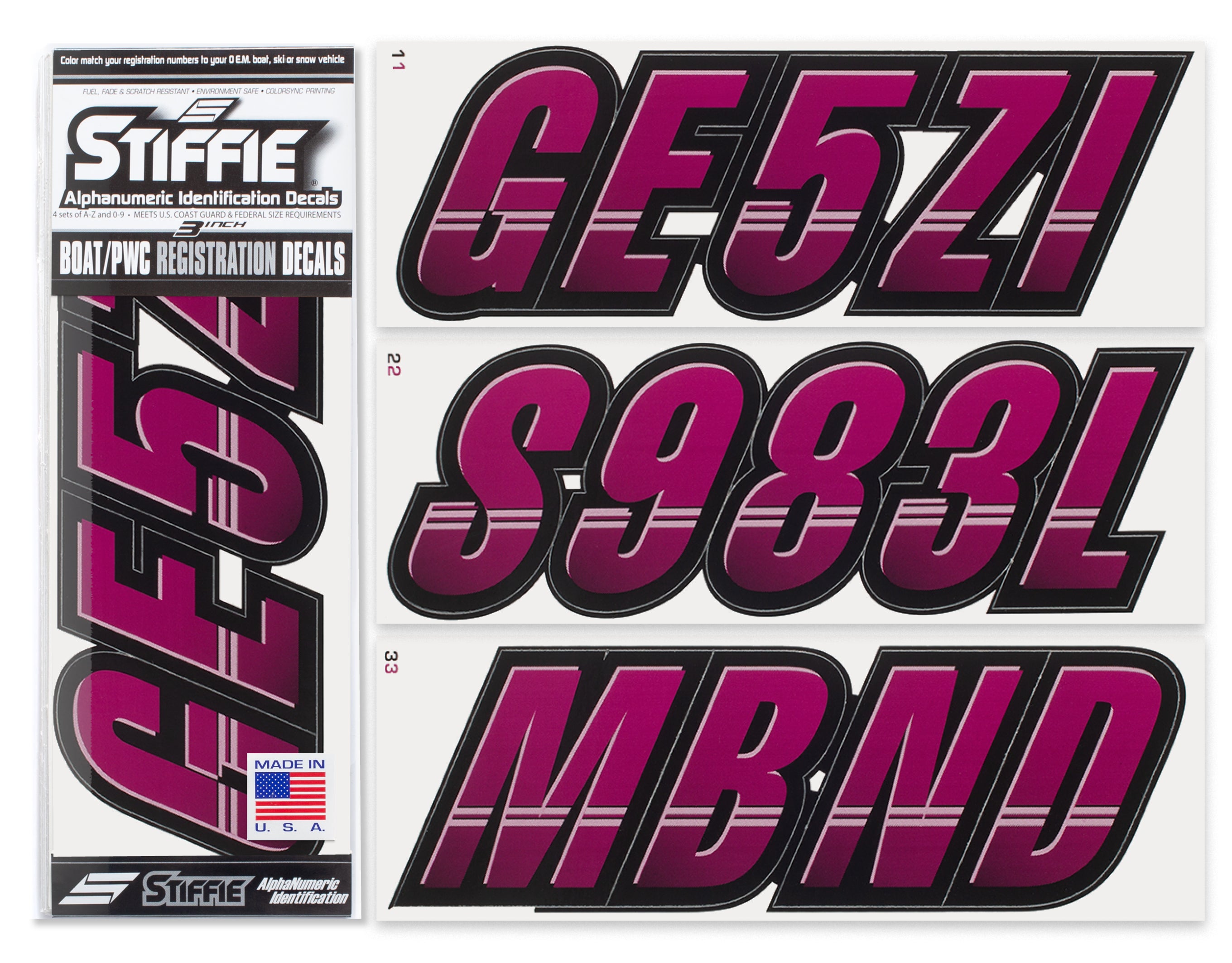 Stiffie Techtron Wine/Black 3" Alpha-Numeric Registration Identification Numbers Stickers Decals for Boats & Personal Watercraft