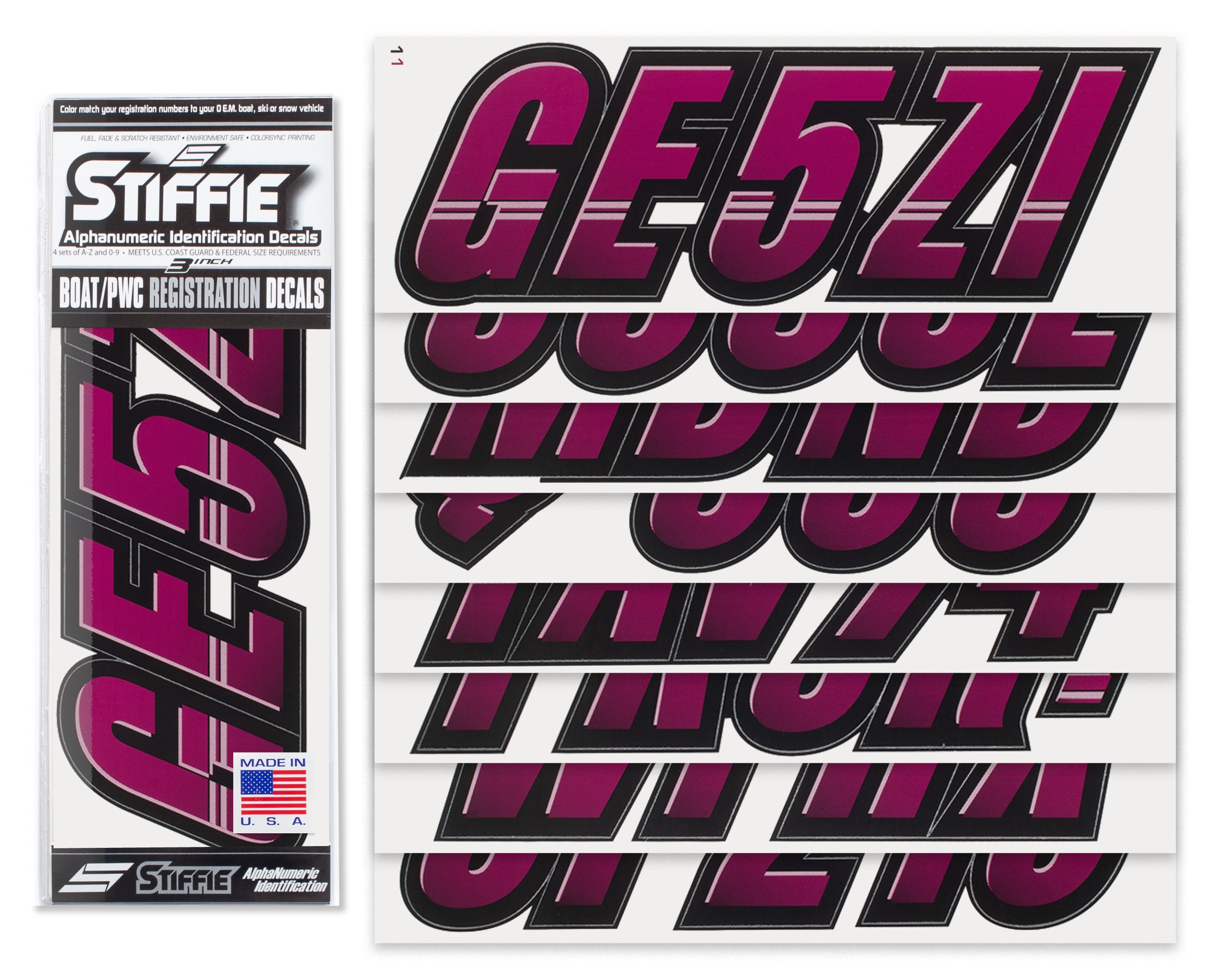 Stiffie Techtron Wine/Black 3" Alpha-Numeric Registration Identification Numbers Stickers Decals for Boats & Personal Watercraft