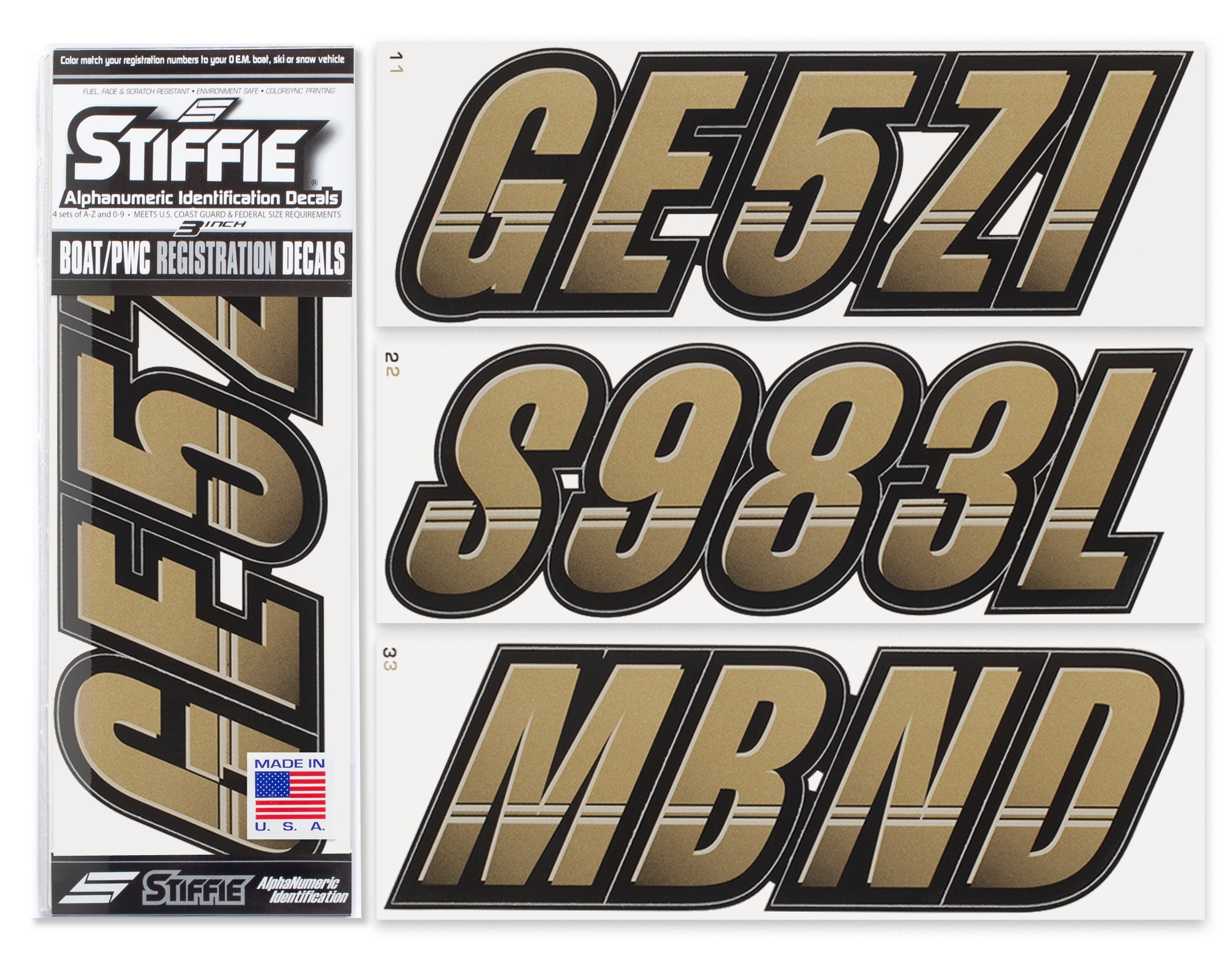 Stiffie Techtron Metallic Gold/Black 3" Alpha-Numeric Registration Identification Numbers Stickers Decals for Boats & Personal Watercraft