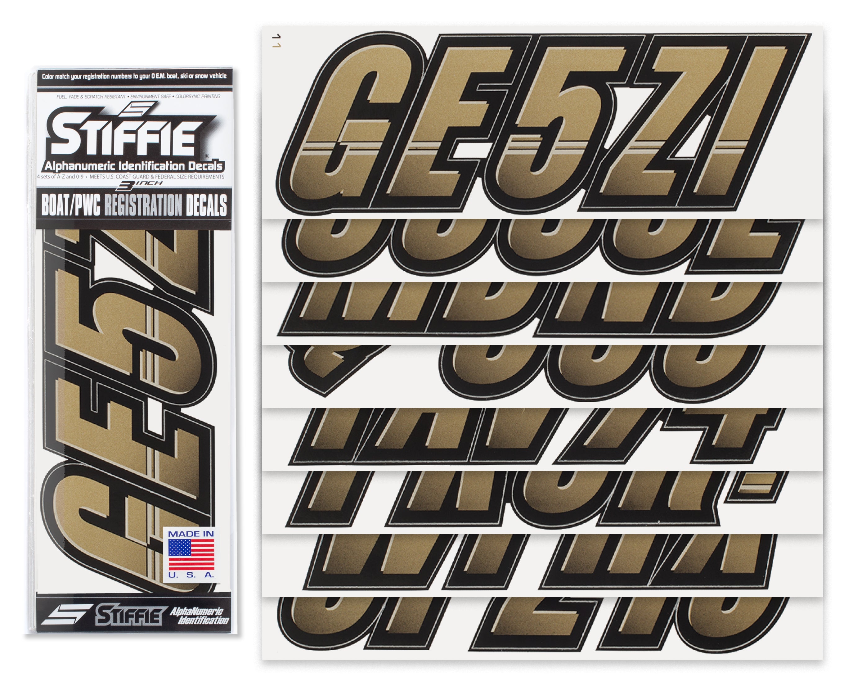 Stiffie Techtron Metallic Gold/Black 3" Alpha-Numeric Registration Identification Numbers Stickers Decals for Boats & Personal Watercraft