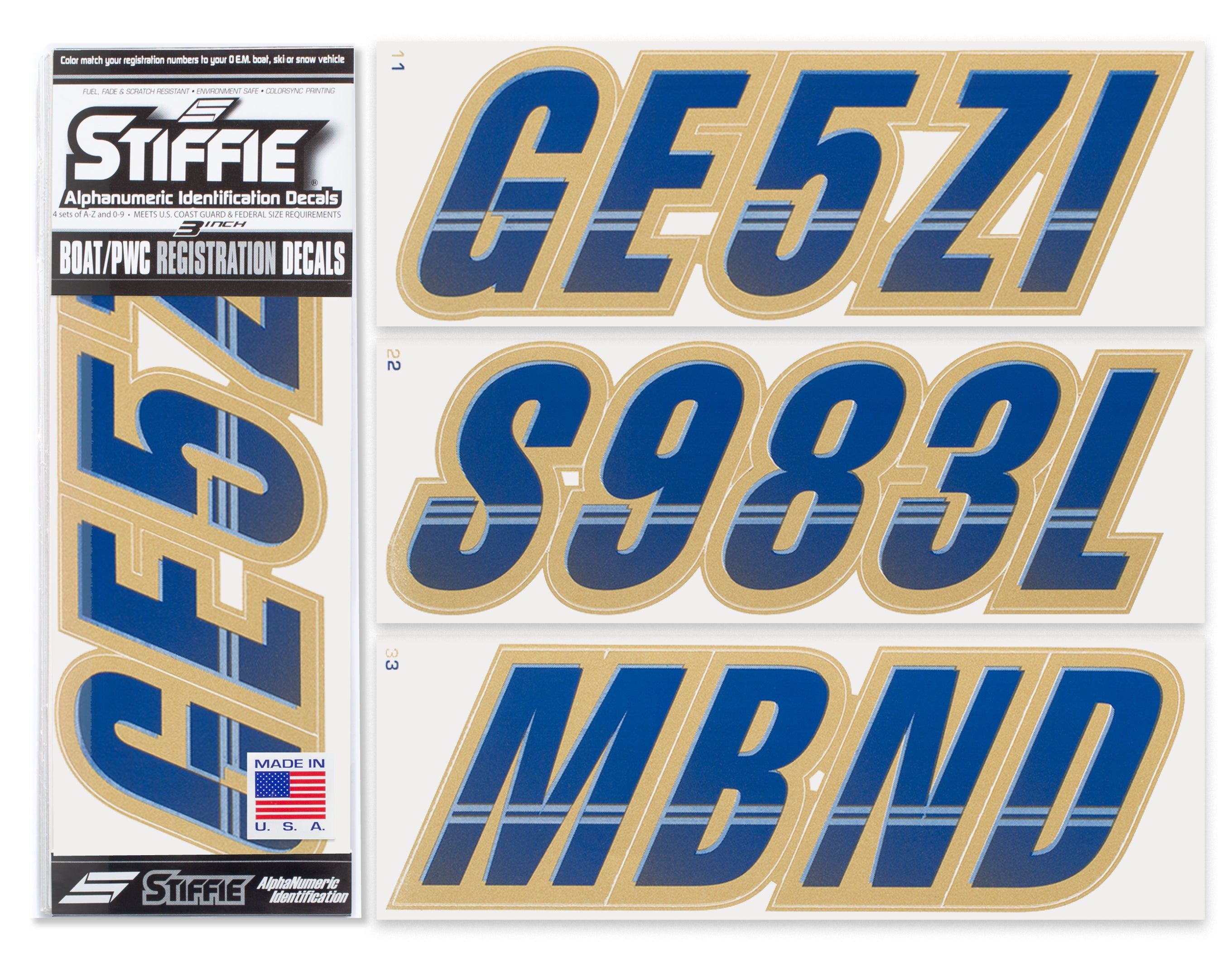 STIFFIE Techtron Navy/Gold 3" Alpha-Numeric Registration Identification Numbers Stickers Decals for Boats & Personal Watercraft