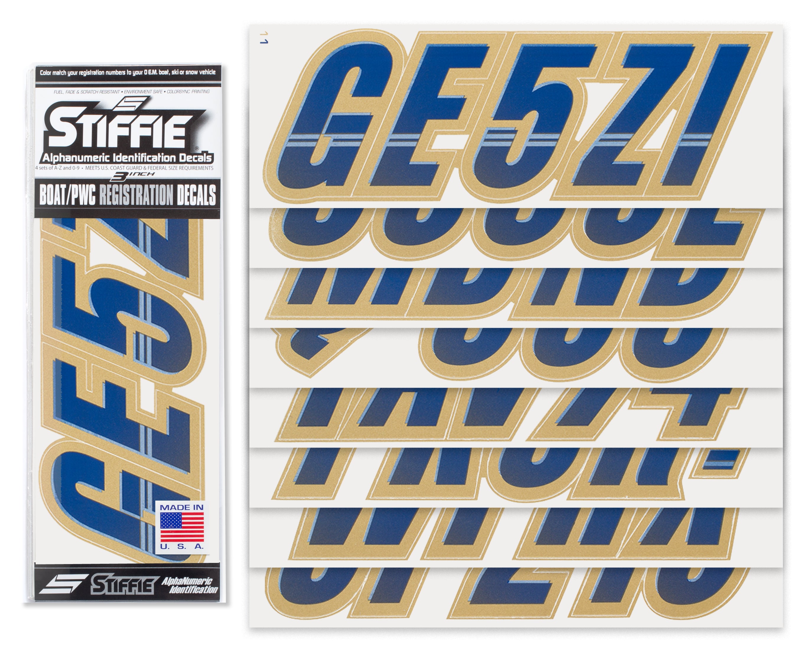 STIFFIE Techtron Navy/Gold 3" Alpha-Numeric Registration Identification Numbers Stickers Decals for Boats & Personal Watercraft