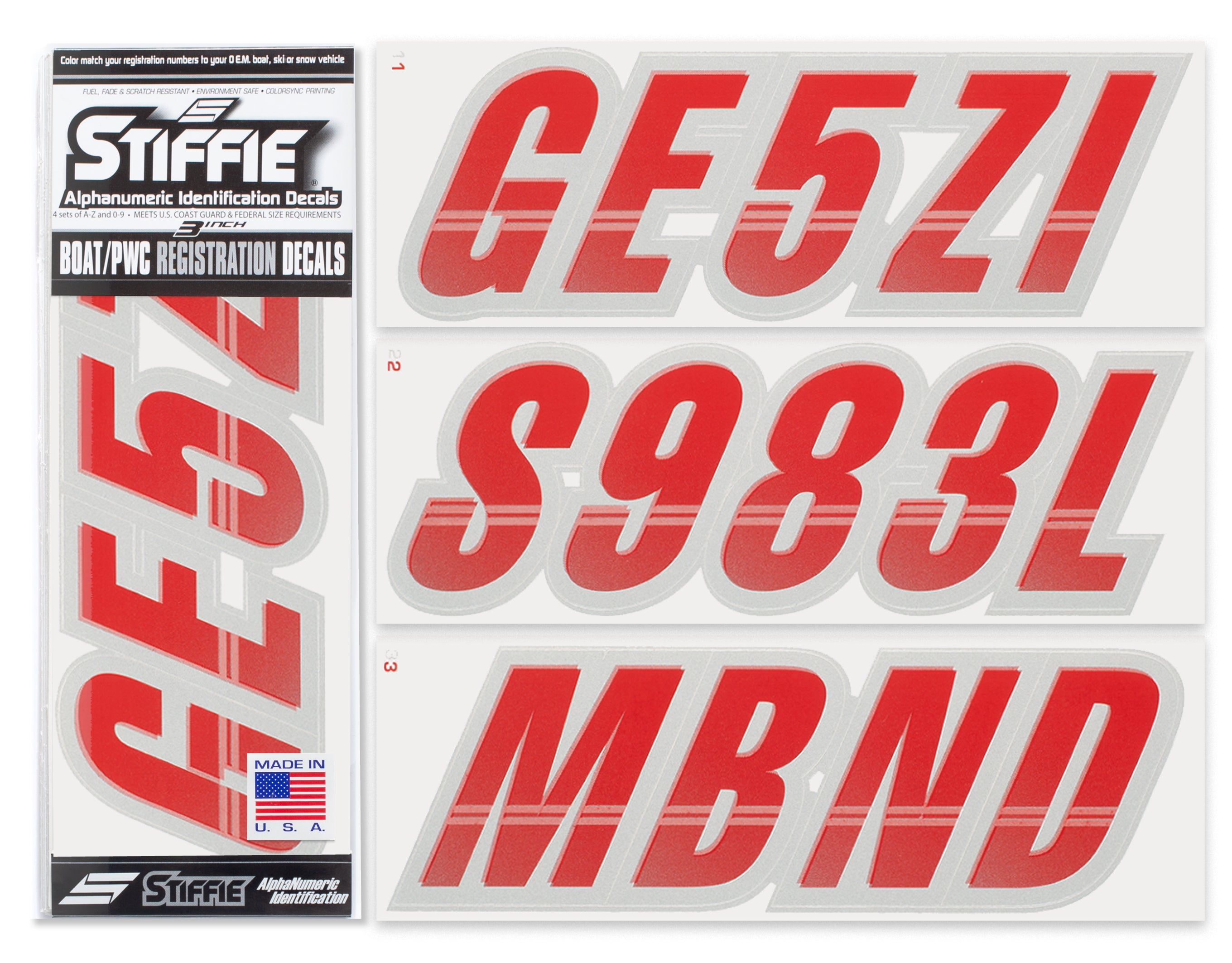 Stiffie Techtron Red/Silver 3" Alpha-Numeric Registration Identification Numbers Stickers Decals for Boats & Personal Watercraft
