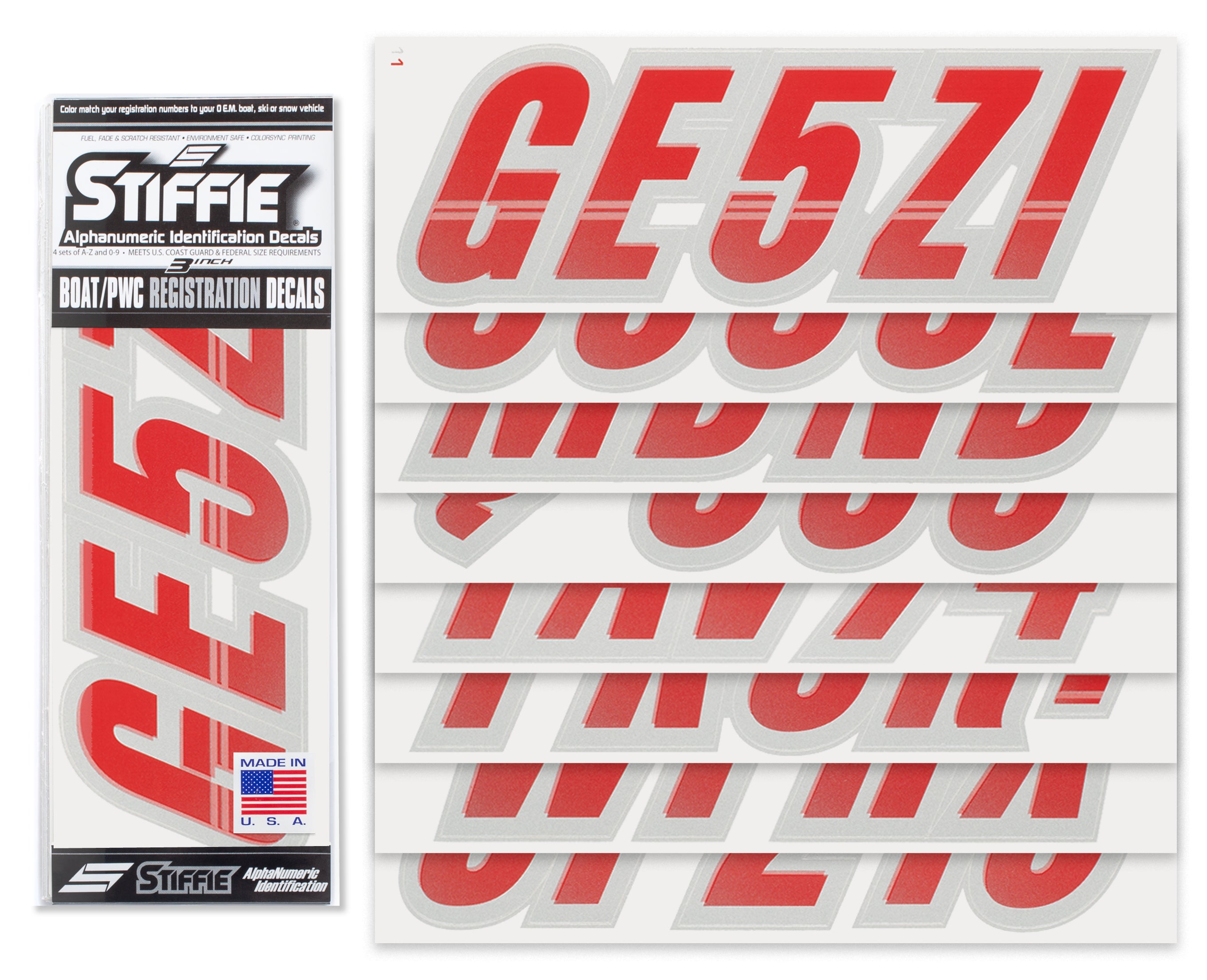 Stiffie Techtron Red/Silver 3" Alpha-Numeric Registration Identification Numbers Stickers Decals for Boats & Personal Watercraft