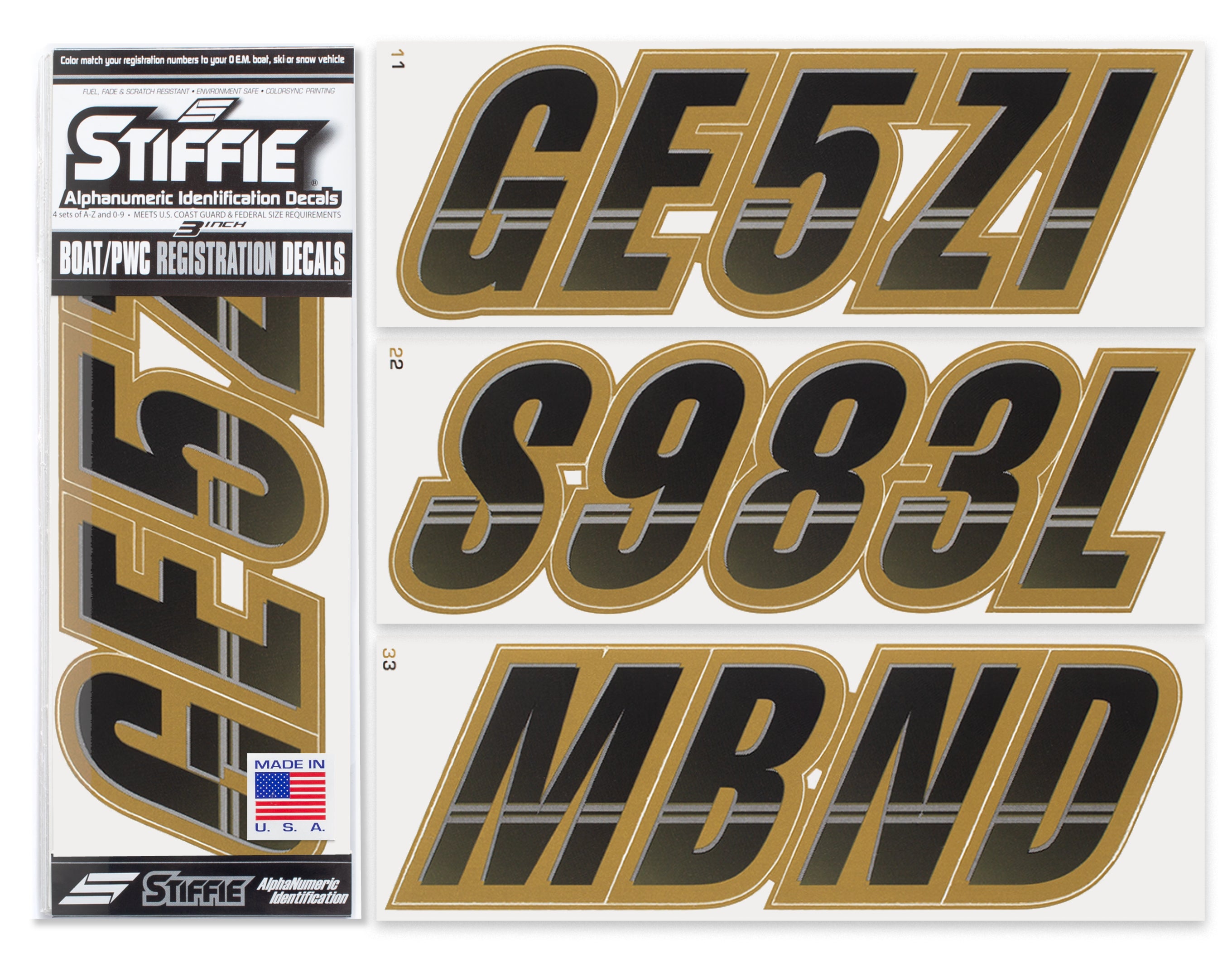 Stiffie Techtron Black/Metallic Gold 3" Alpha-Numeric Registration Identification Numbers Stickers Decals for Boats & Personal Watercraft