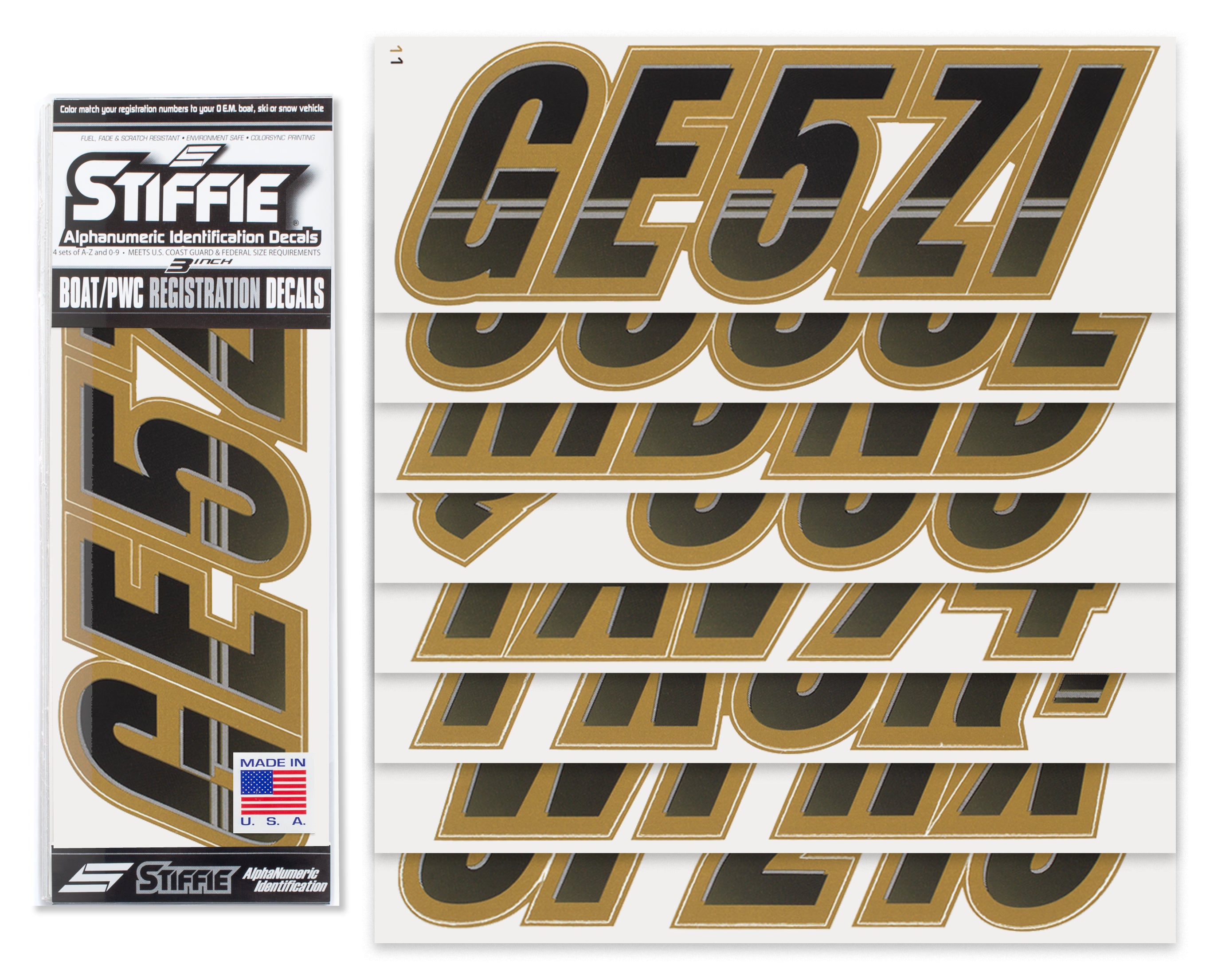 Stiffie Techtron Black/Metallic Gold 3" Alpha-Numeric Registration Identification Numbers Stickers Decals for Boats & Personal Watercraft