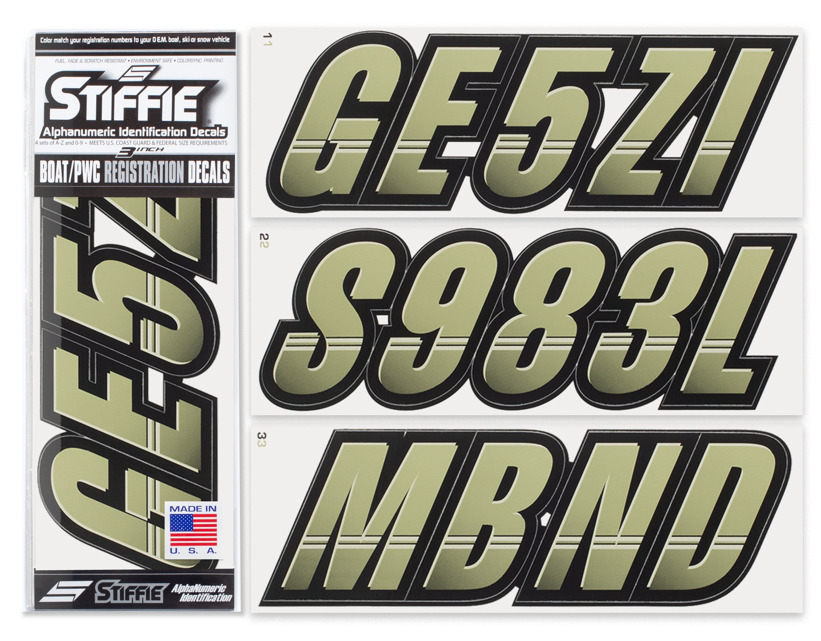 STIFFIE Techtron Moss/Black 3" Alpha-Numeric Registration Identification Numbers Stickers Decals for Boats & Personal Watercraft