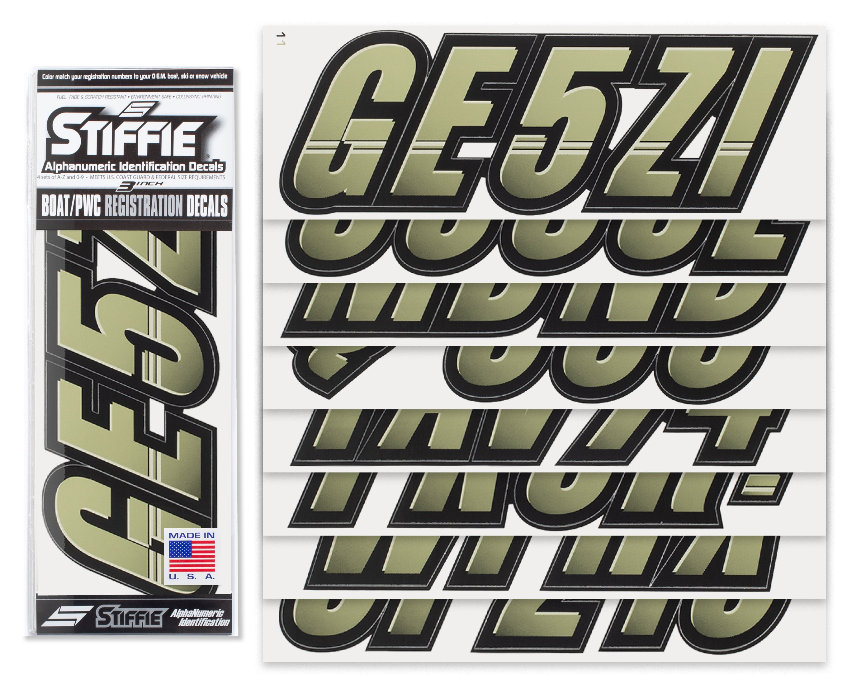 STIFFIE Techtron Moss/Black 3" Alpha-Numeric Registration Identification Numbers Stickers Decals for Boats & Personal Watercraft