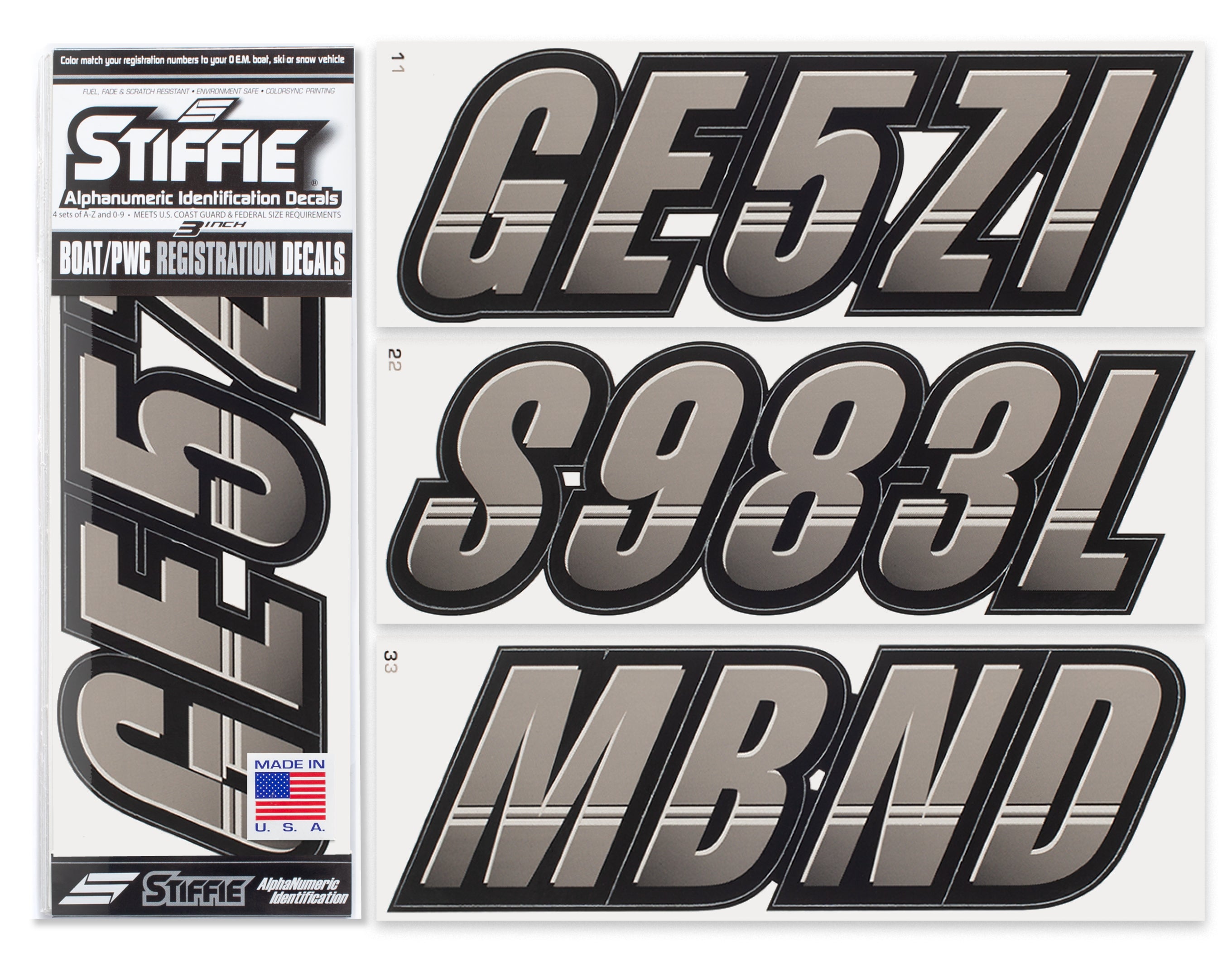 STIFFIE Techtron Charcoal/Black 3" Alpha-Numeric Registration Identification Numbers Stickers Decals for Boats & Personal Watercraft