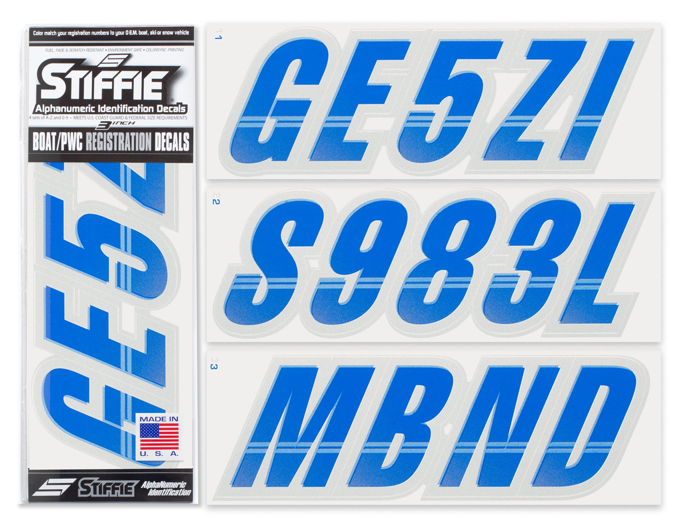 STIFFIE Techtron Blue/Silver 3" Alpha-Numeric Registration Identification Numbers Stickers Decals for Boats & Personal Watercraft