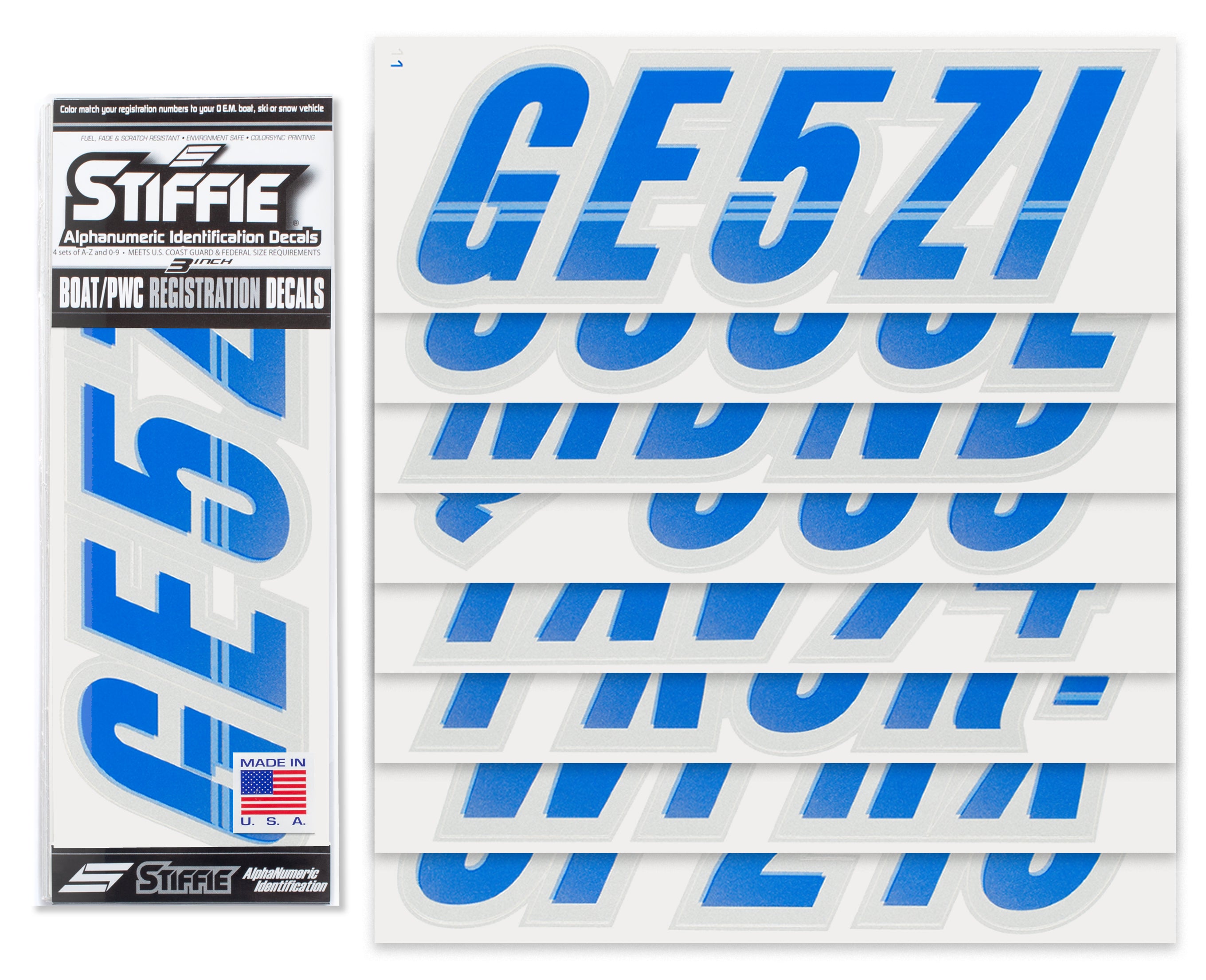 STIFFIE Techtron Blue/Silver 3" Alpha-Numeric Registration Identification Numbers Stickers Decals for Boats & Personal Watercraft
