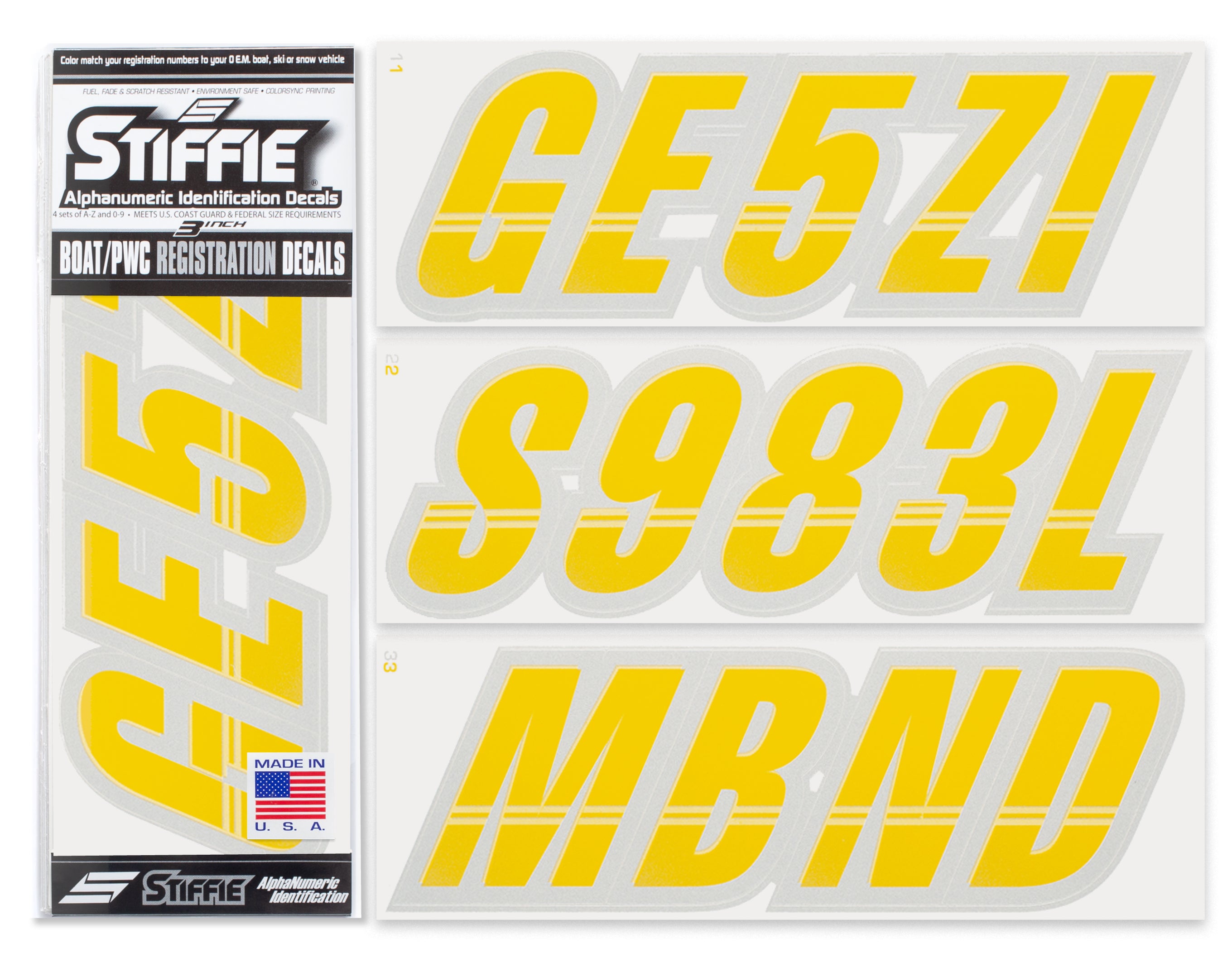 Stiffie Techtron Yellow/Silver 3" Alpha-Numeric Registration Identification Numbers Stickers Decals for Boats & Personal Watercraft