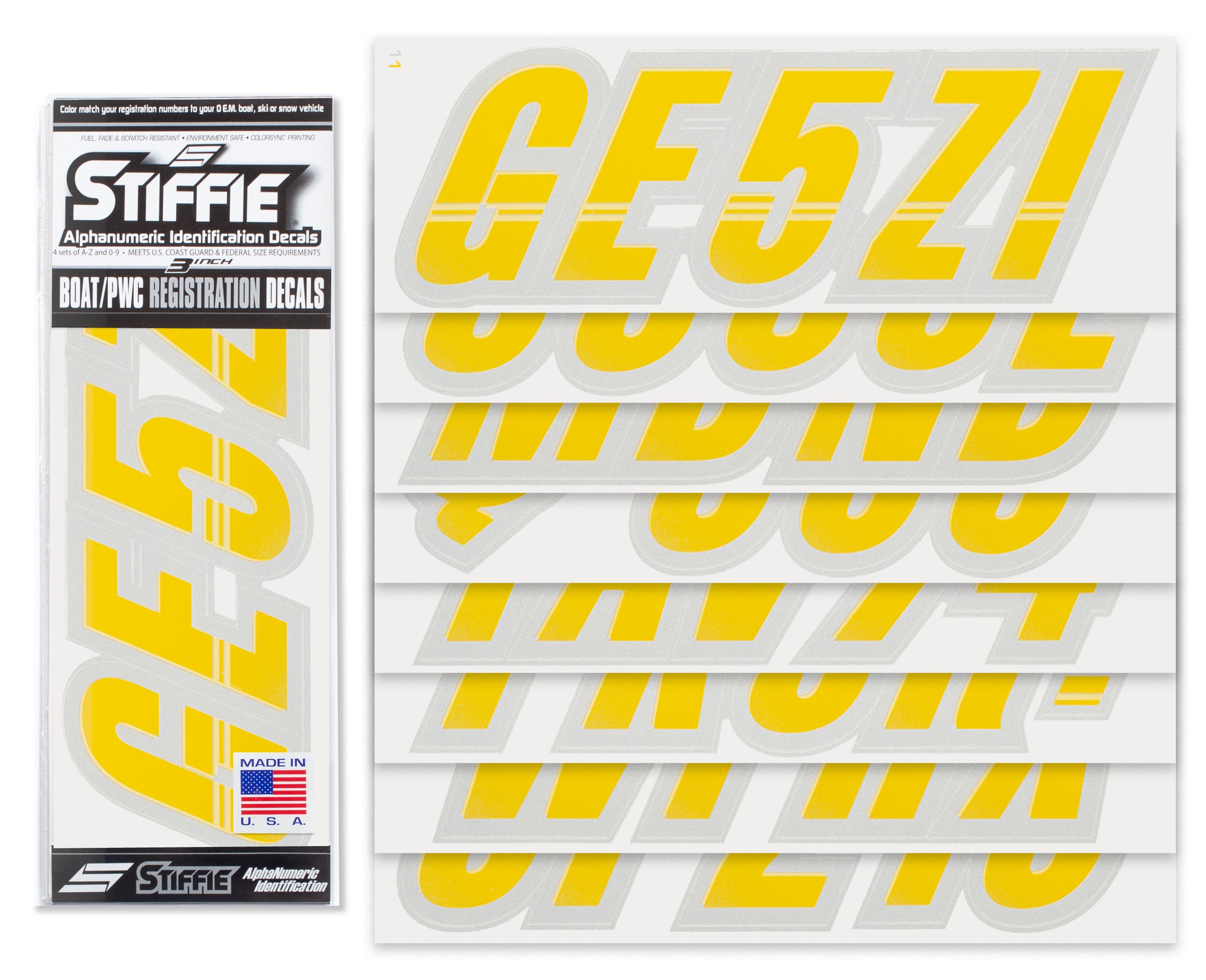 Stiffie Techtron Yellow/Silver 3" Alpha-Numeric Registration Identification Numbers Stickers Decals for Boats & Personal Watercraft