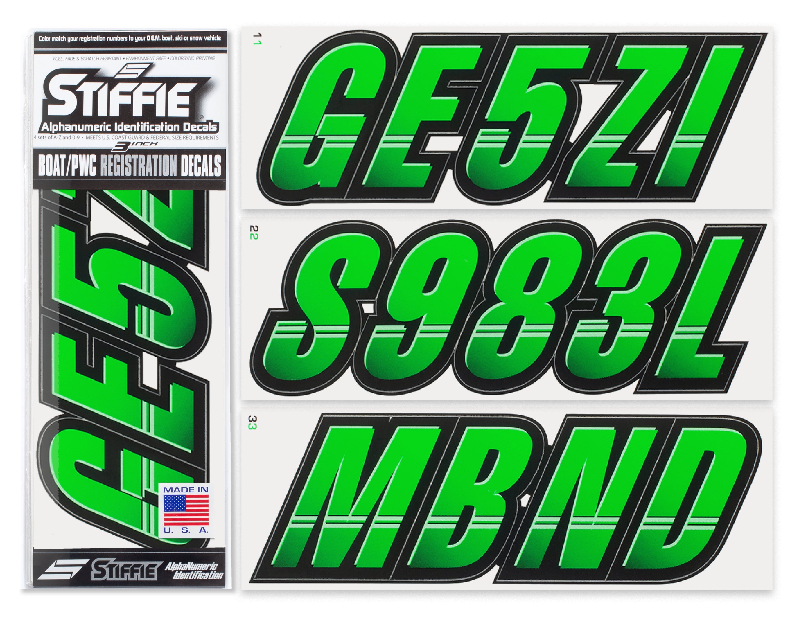 Stiffie Techtron Electric Green/Black 3" Alpha-Numeric Registration Identification Numbers Stickers Decals for Boats & Personal Watercraft