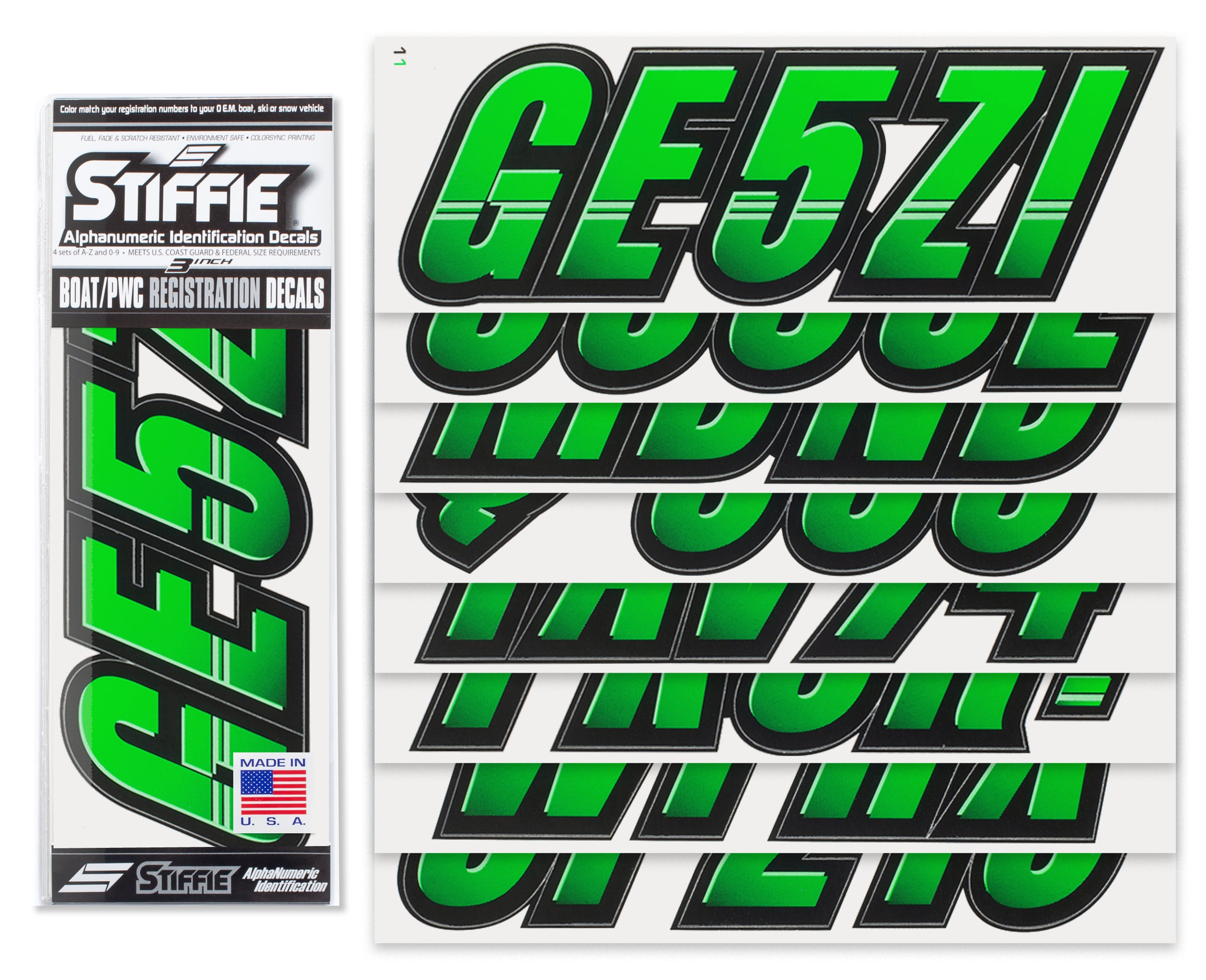 Stiffie Techtron Electric Green/Black 3" Alpha-Numeric Registration Identification Numbers Stickers Decals for Boats & Personal Watercraft