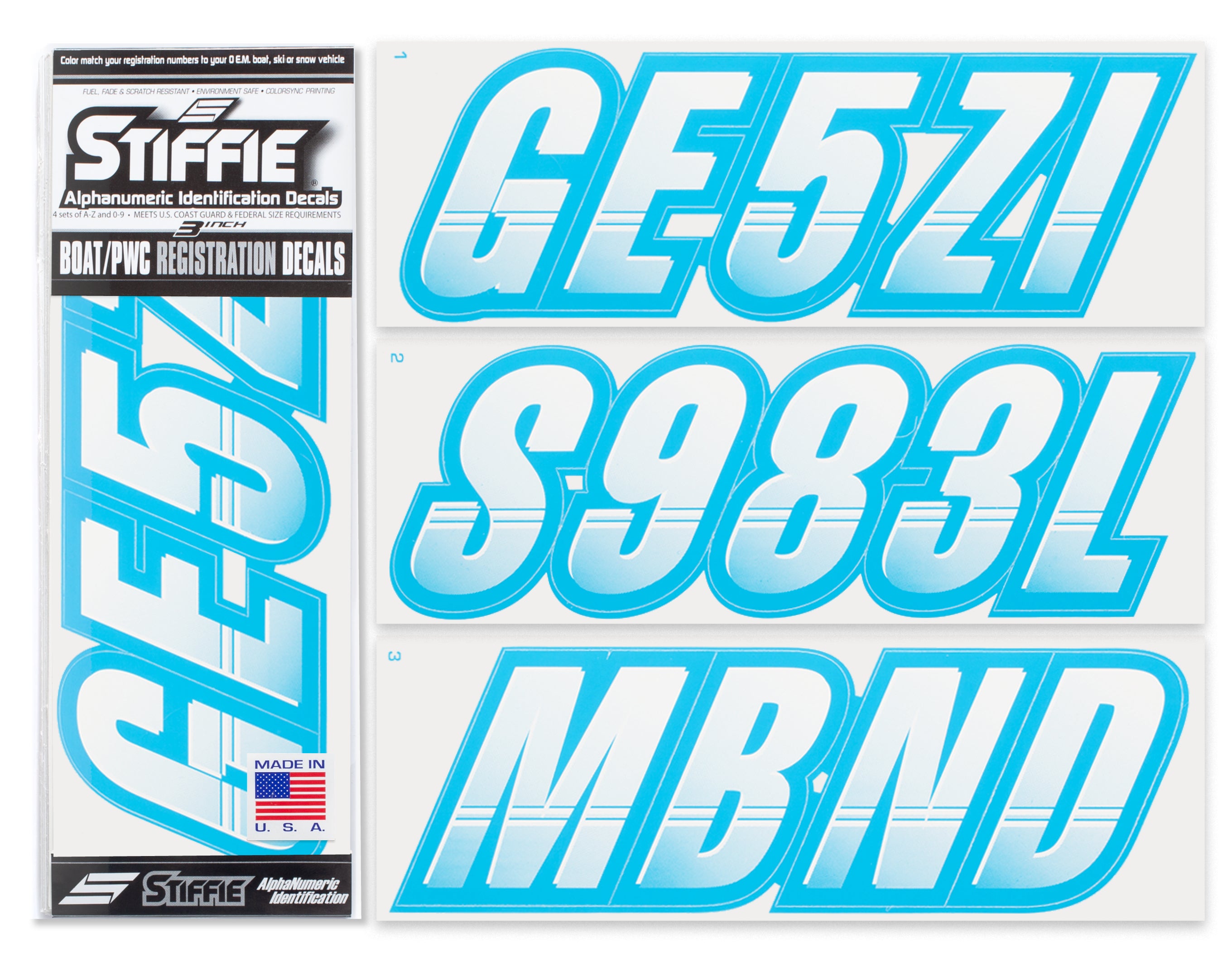 Stiffie Techtron White/Sky Blue 3" Alpha-Numeric Registration Identification Numbers Stickers Decals for Boats & Personal Watercraft