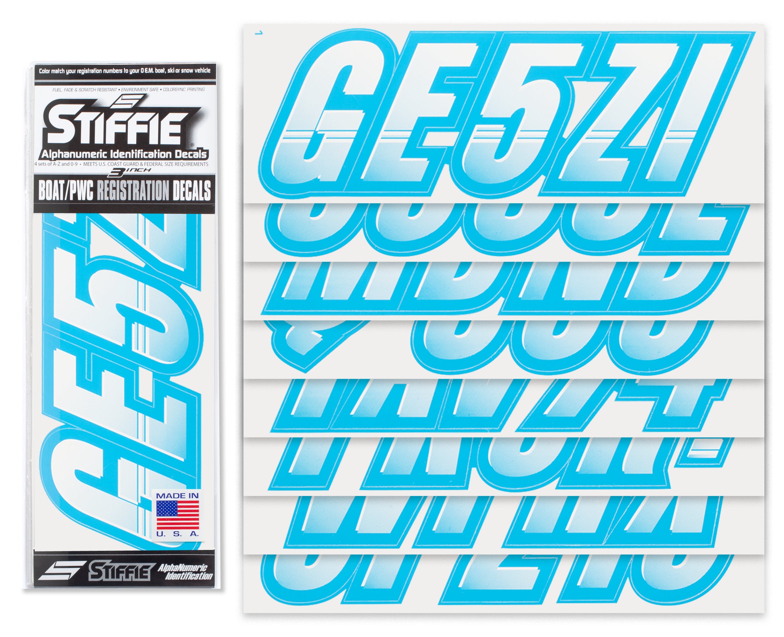Stiffie Techtron White/Sky Blue 3" Alpha-Numeric Registration Identification Numbers Stickers Decals for Boats & Personal Watercraft