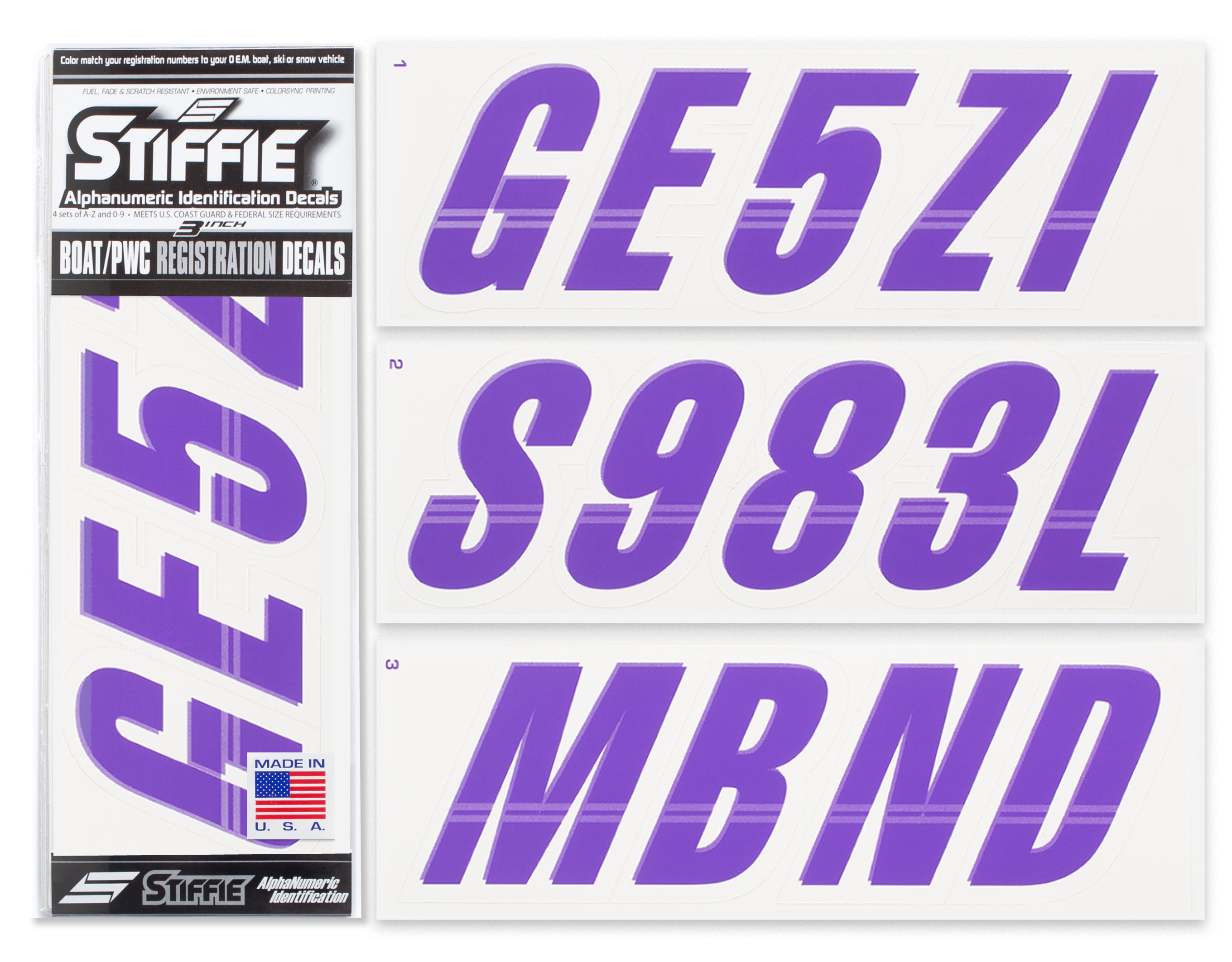 Stiffie Techtron Purple/White 3" Alpha-Numeric Registration Identification Numbers Stickers Decals for Boats & Personal Watercraft