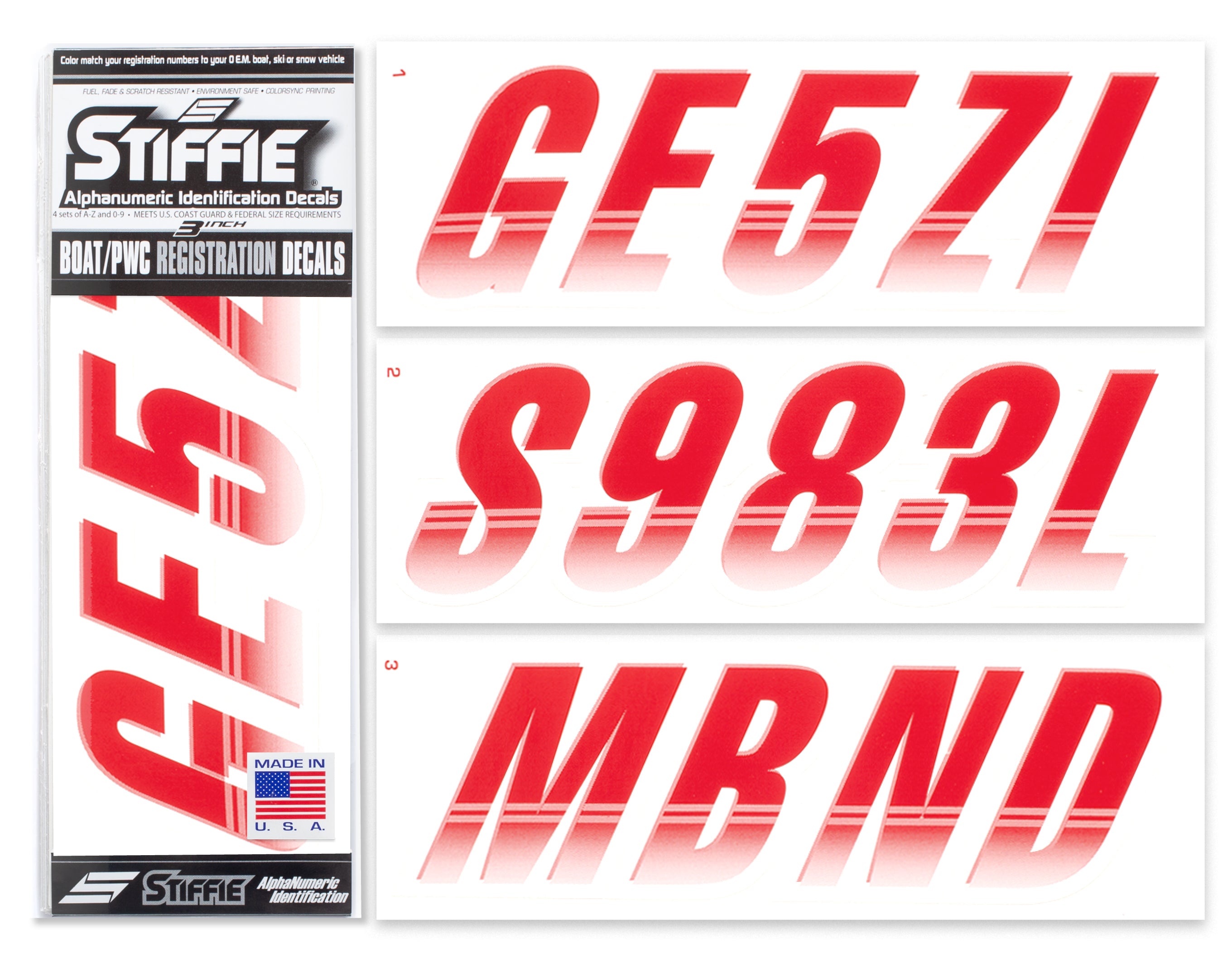 Stiffie Techtron Red/White 3" Alpha-Numeric Registration Identification Numbers Stickers Decals for Boats & Personal Watercraft