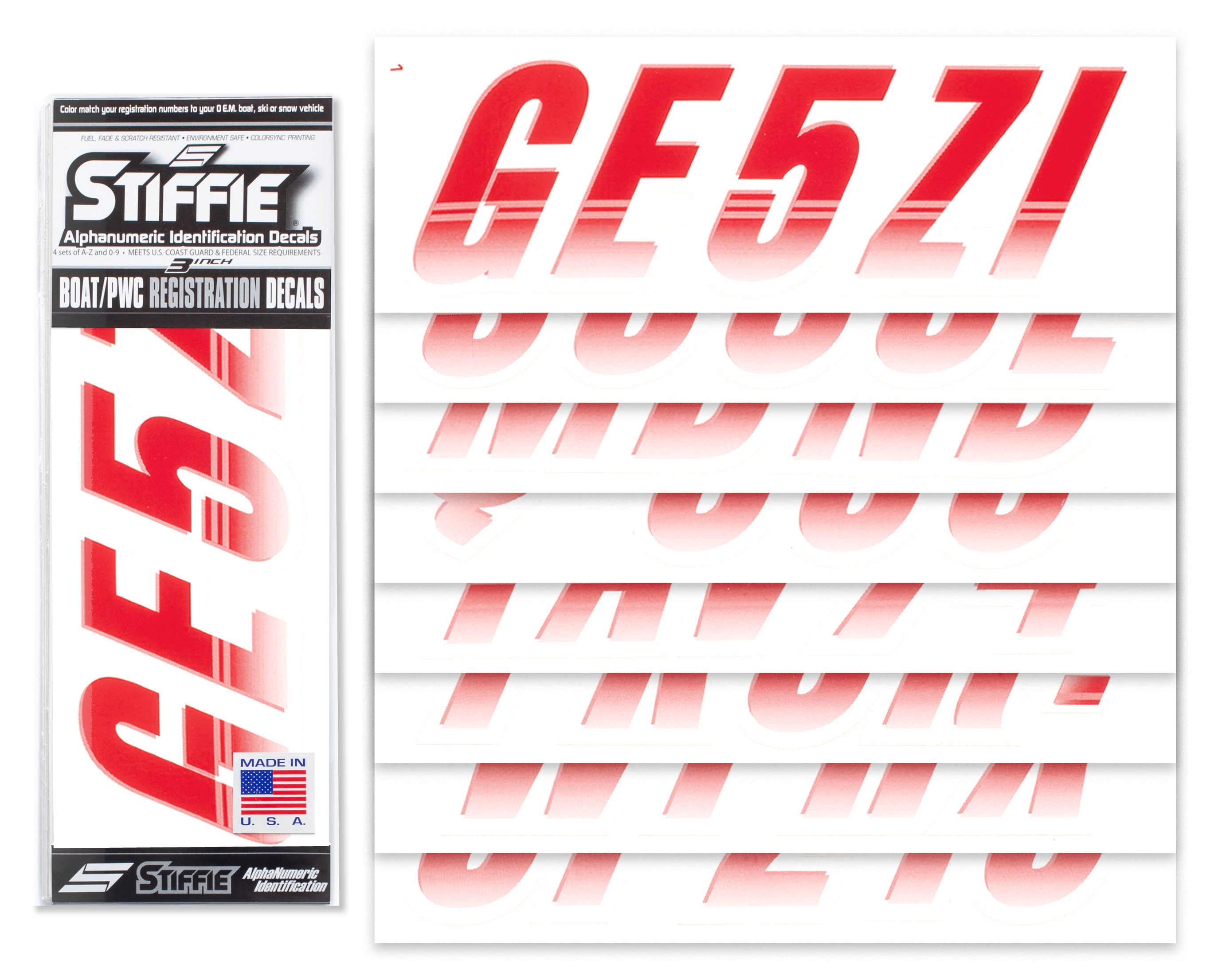 Stiffie Techtron Red/White 3" Alpha-Numeric Registration Identification Numbers Stickers Decals for Boats & Personal Watercraft