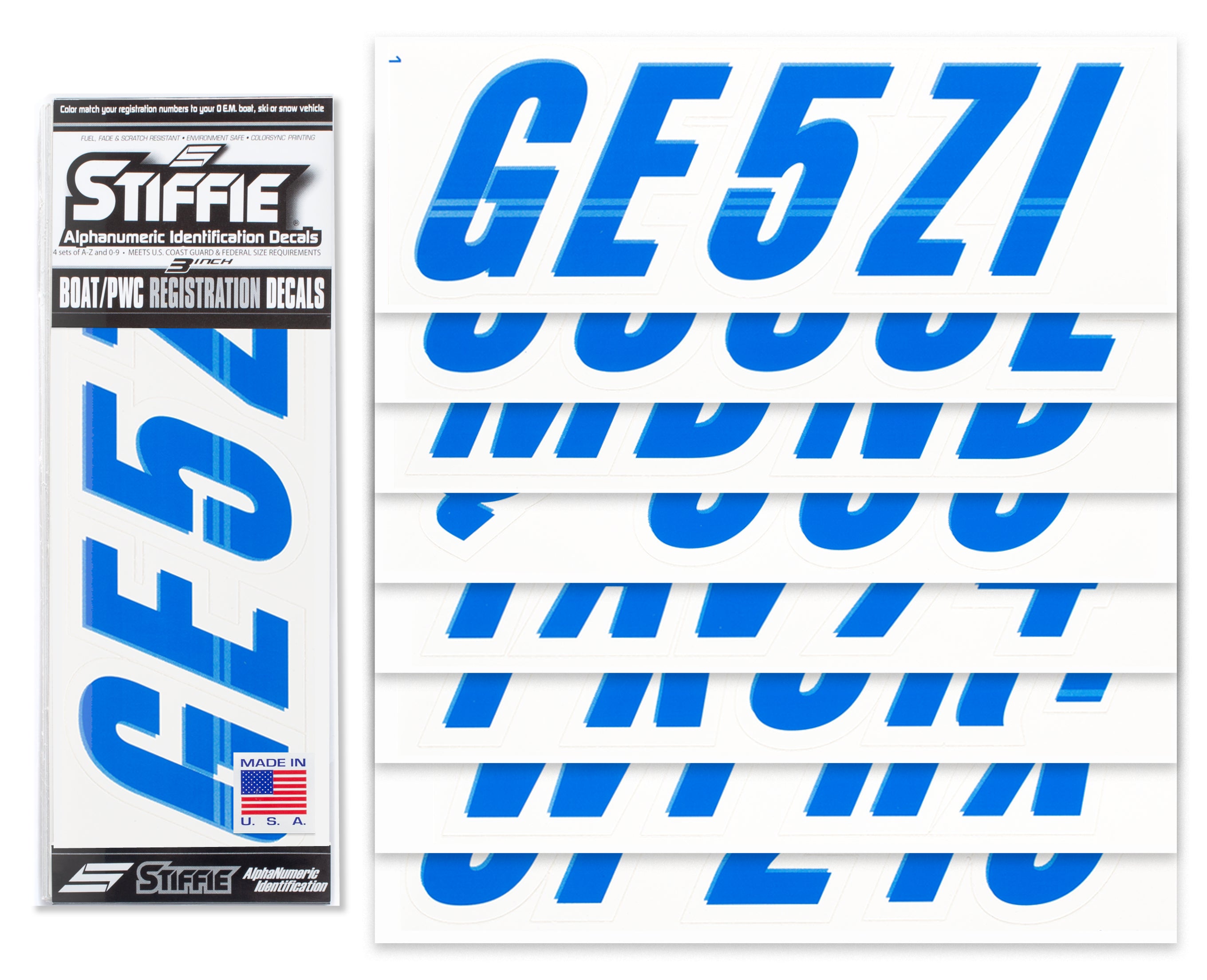 STIFFIE Techtron Blue/White 3" Alpha-Numeric Registration Identification Numbers Stickers Decals for Boats & Personal Watercraft